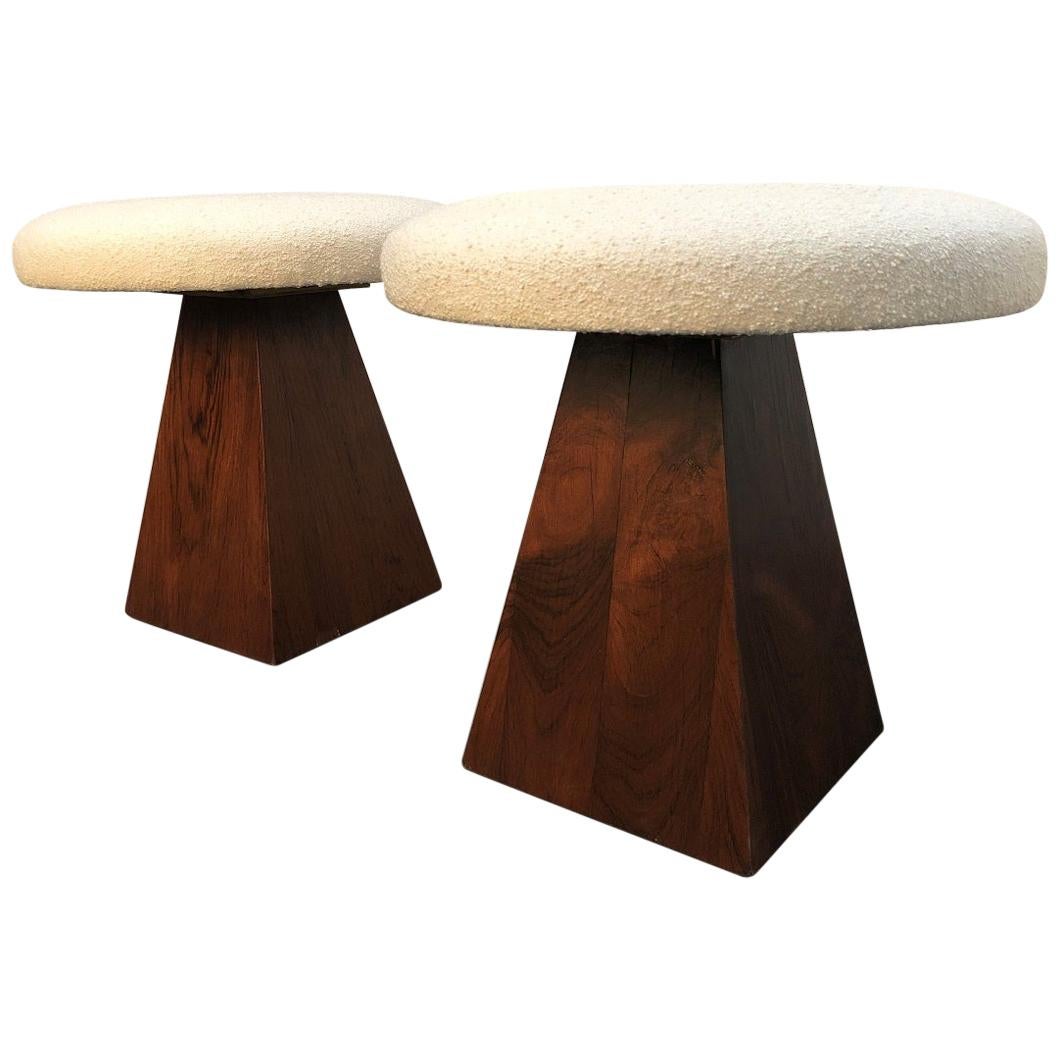 Pair of Mid-Century Modern Rosewood Stools with Boucle Fabric