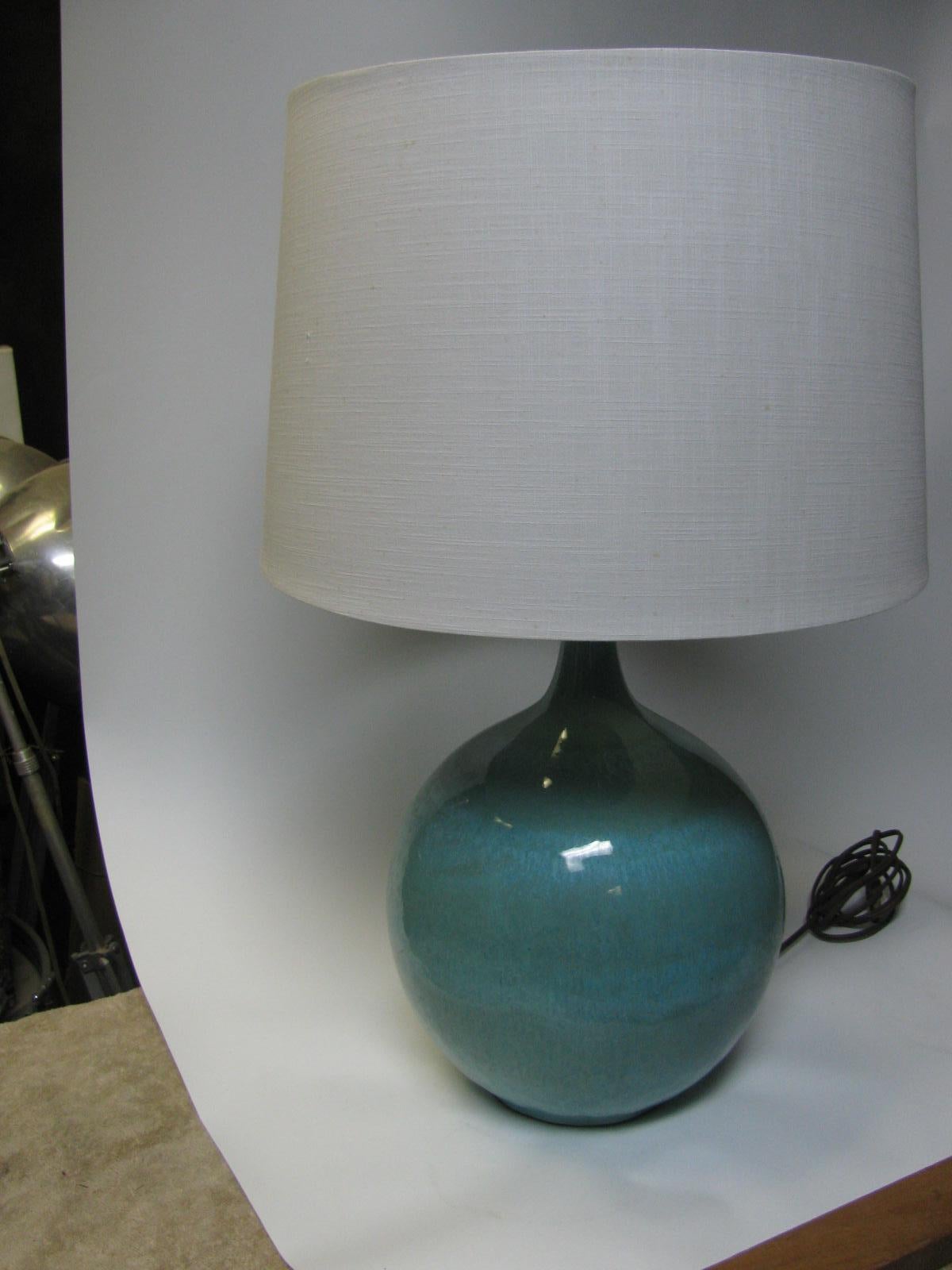 Clay Pair of Mid Century Modern Round Drip Glaze Pottery Table Lamps