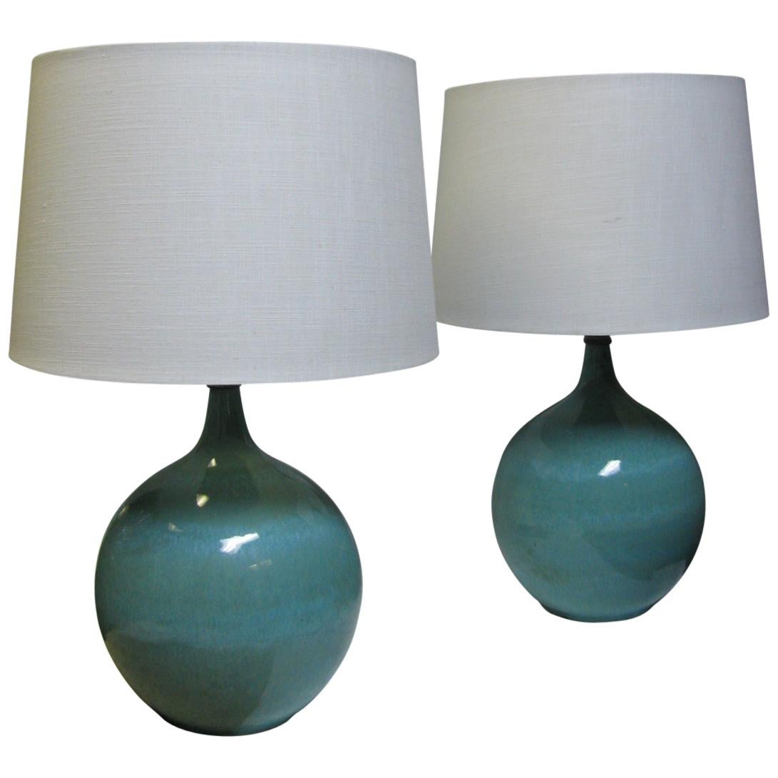Pair of Mid Century Modern Round Drip Glaze Pottery Table Lamps