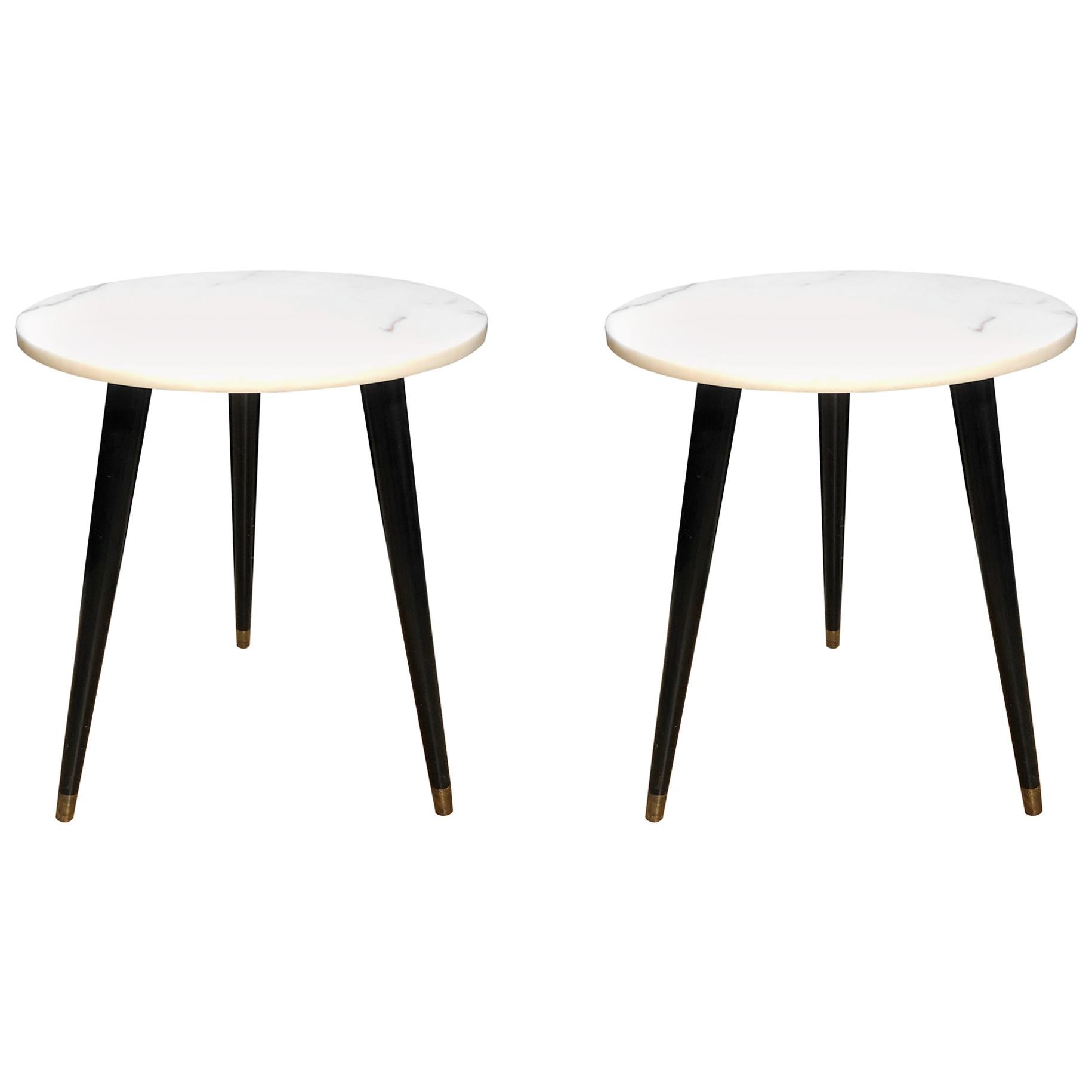 Pair of Mid-Century Modern Round Marble-Top Side Tables