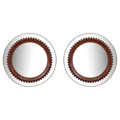 Pair of Mid-Century Modern Round Walnut and Brass Mirror by Fratelli Marelli