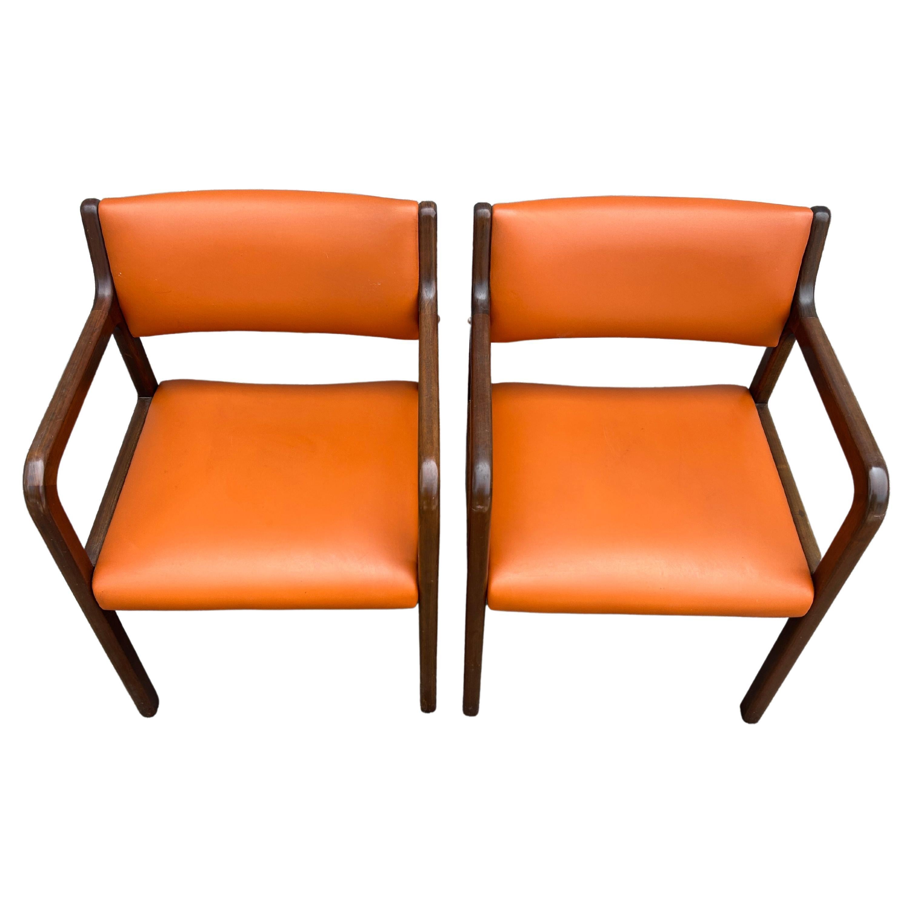 American Pair of Mid-Century Modern Rounded Walnut Arm Chairs with Orange Upholstery