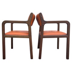 Pair of Mid-Century Modern Rounded Walnut Arm Chairs with Orange Upholstery