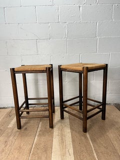 Pair of Mid-Century Modern Rush Seat Stools in Dark Walnut