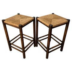 Pair of Mid-Century Modern Rush Seat Stools in Dark Walnut
