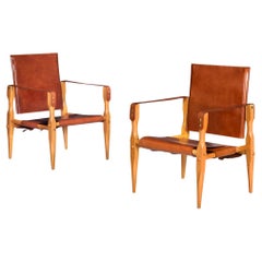 Pareja de sillas de cuero "Safari" modernas de mediados de siglo attr. Wilhelm Kienzle ca.1970