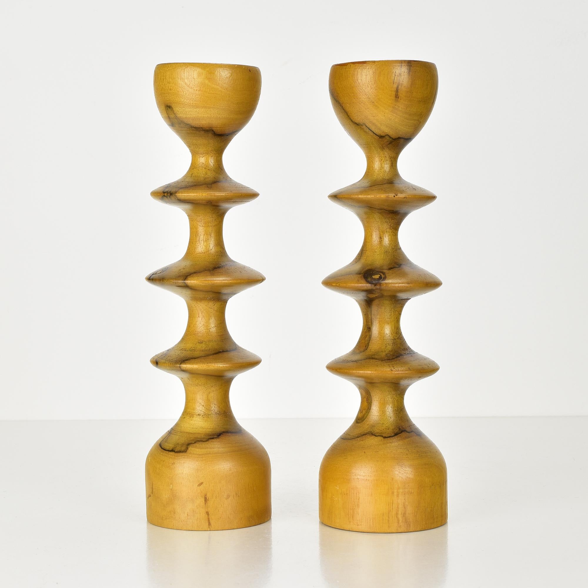Scandinavian Modern Pair of Mid-Century Modern Scandinavian Turned Wooden Candlesticks For Sale