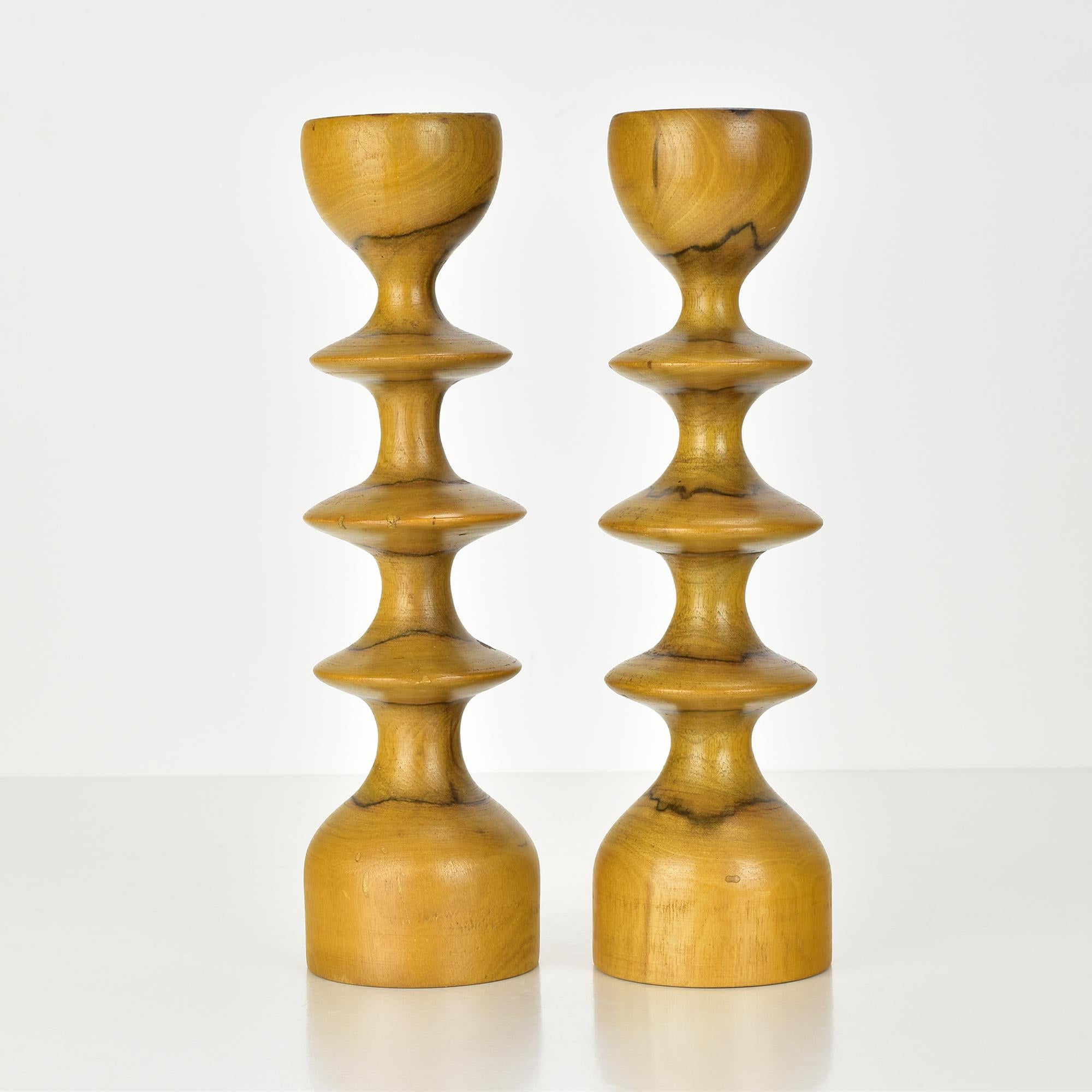 Danish Pair of Mid-Century Modern Scandinavian Turned Wooden Candlesticks For Sale