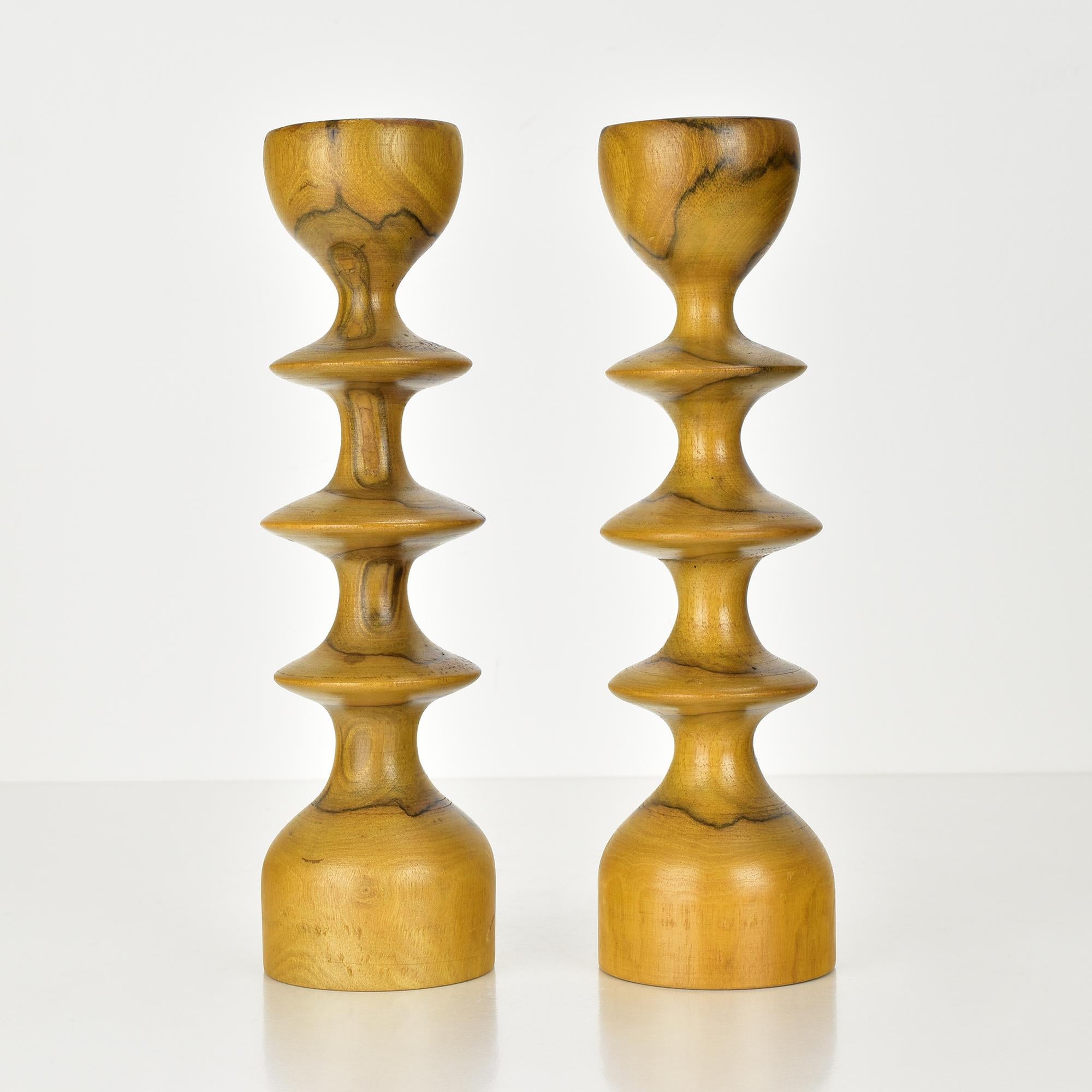 Hand-Crafted Pair of Mid-Century Modern Scandinavian Turned Wooden Candlesticks For Sale