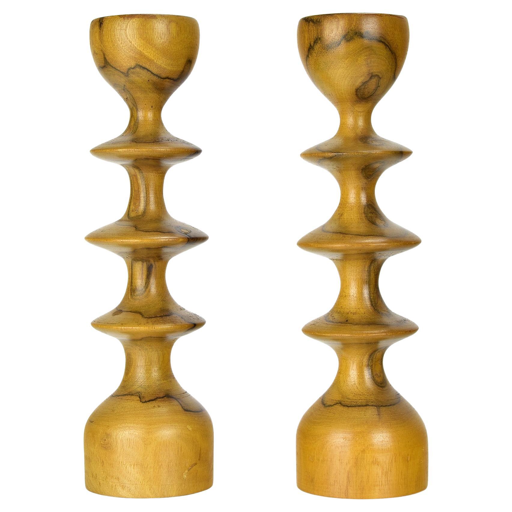 Pair of Mid-Century Modern Scandinavian Turned Wooden Candlesticks For Sale