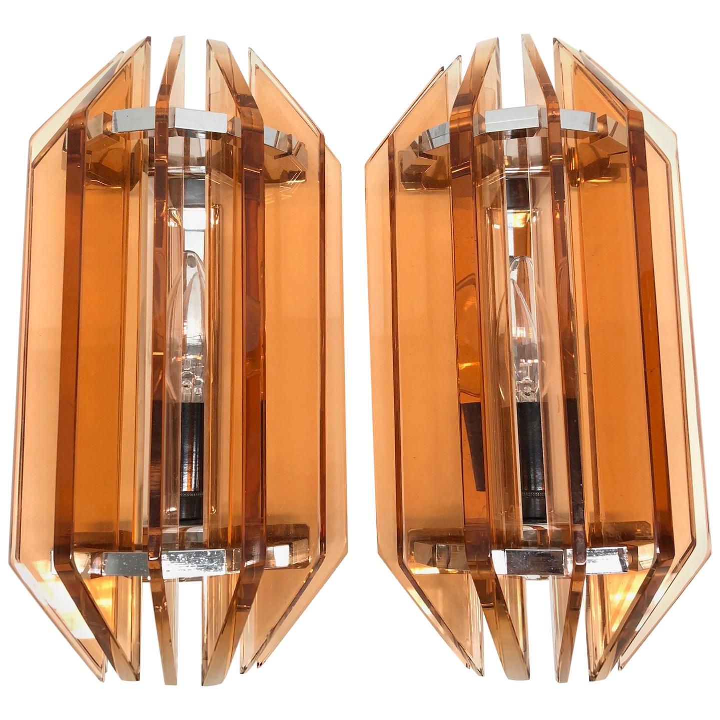 Pair of Mid-Century Modern Sconces Veca, Chrome and Glass Vintage, Italy, 1970s