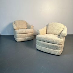 Pair of Mid-Century Modern Scroll Arm Traditional Lounge / Swivel Chairs, bouclé
