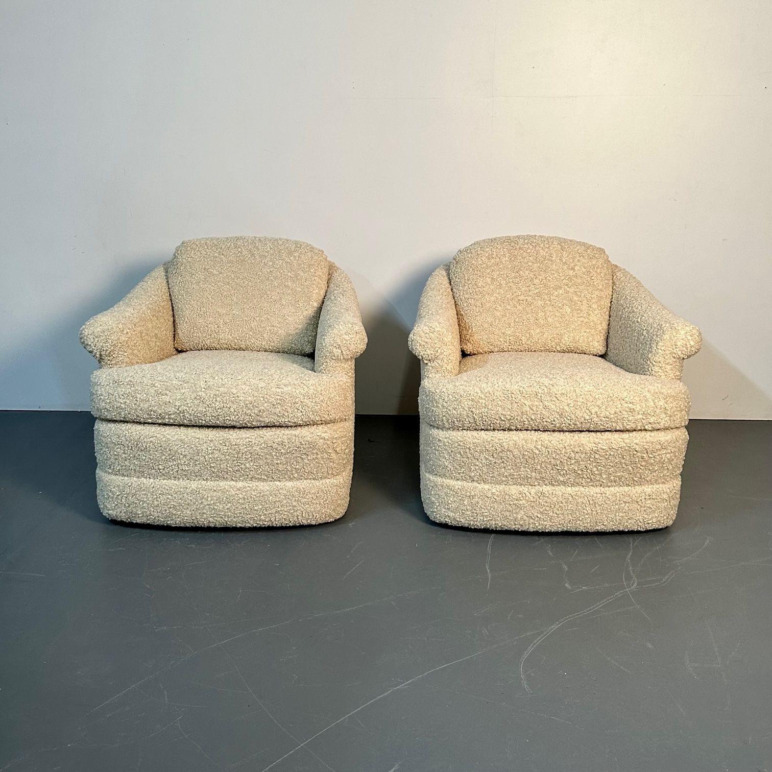 American Pair of Mid-Century Modern Scroll Arm Traditional Lounge / Swivel Chairs, bouclé For Sale