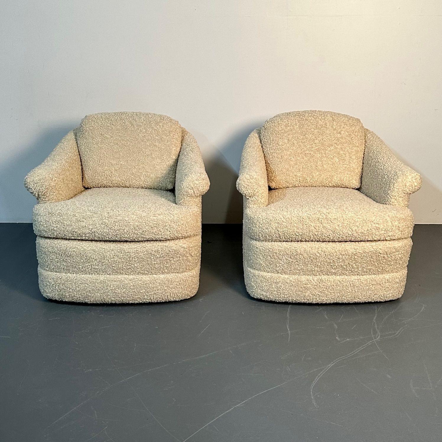 Pair of Mid-Century Modern Scroll Arm Traditional Lounge / Swivel Chairs, bouclé In Good Condition In Manhasset, NY