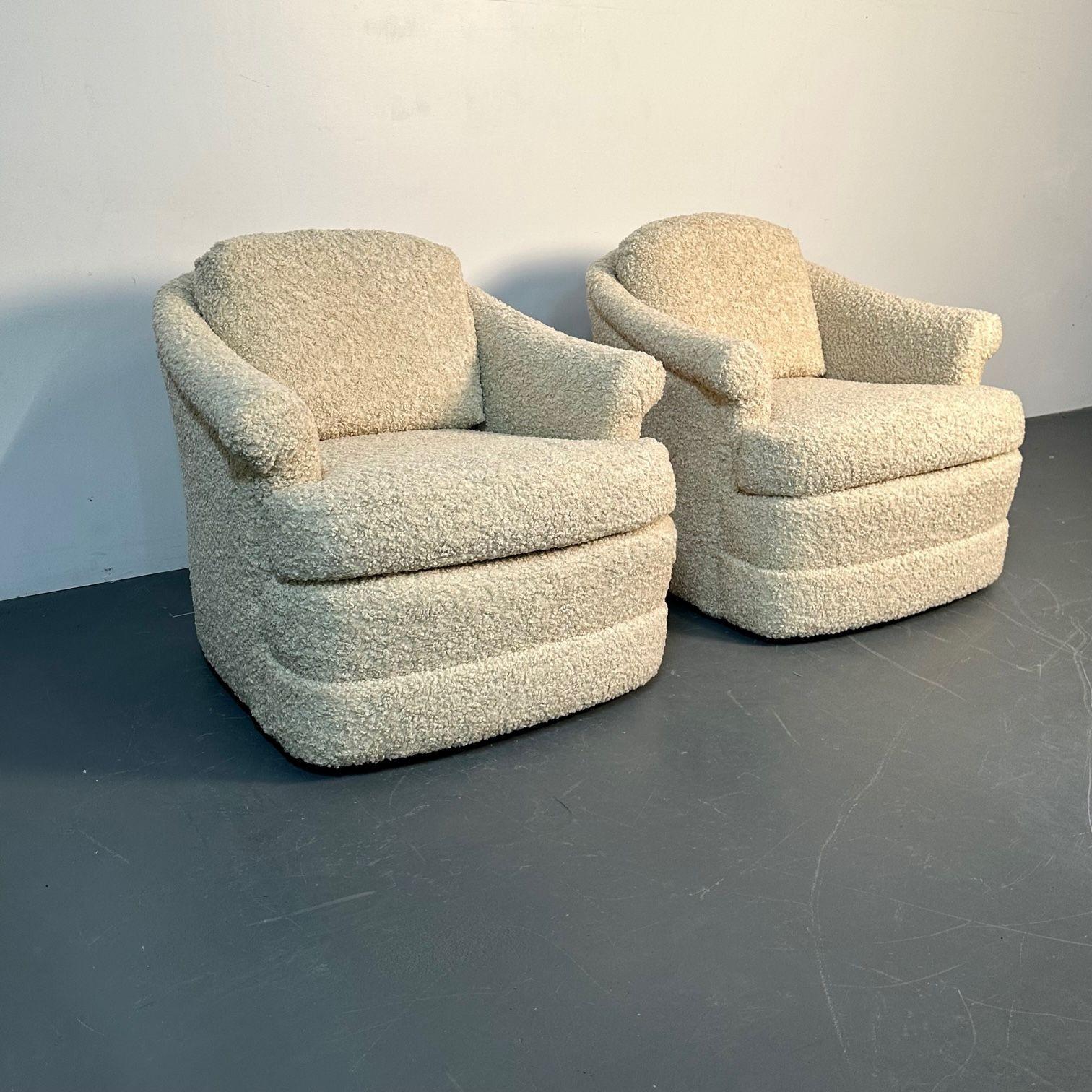 Late 20th Century Pair of Mid-Century Modern Scroll Arm Traditional Lounge / Swivel Chairs, bouclé For Sale