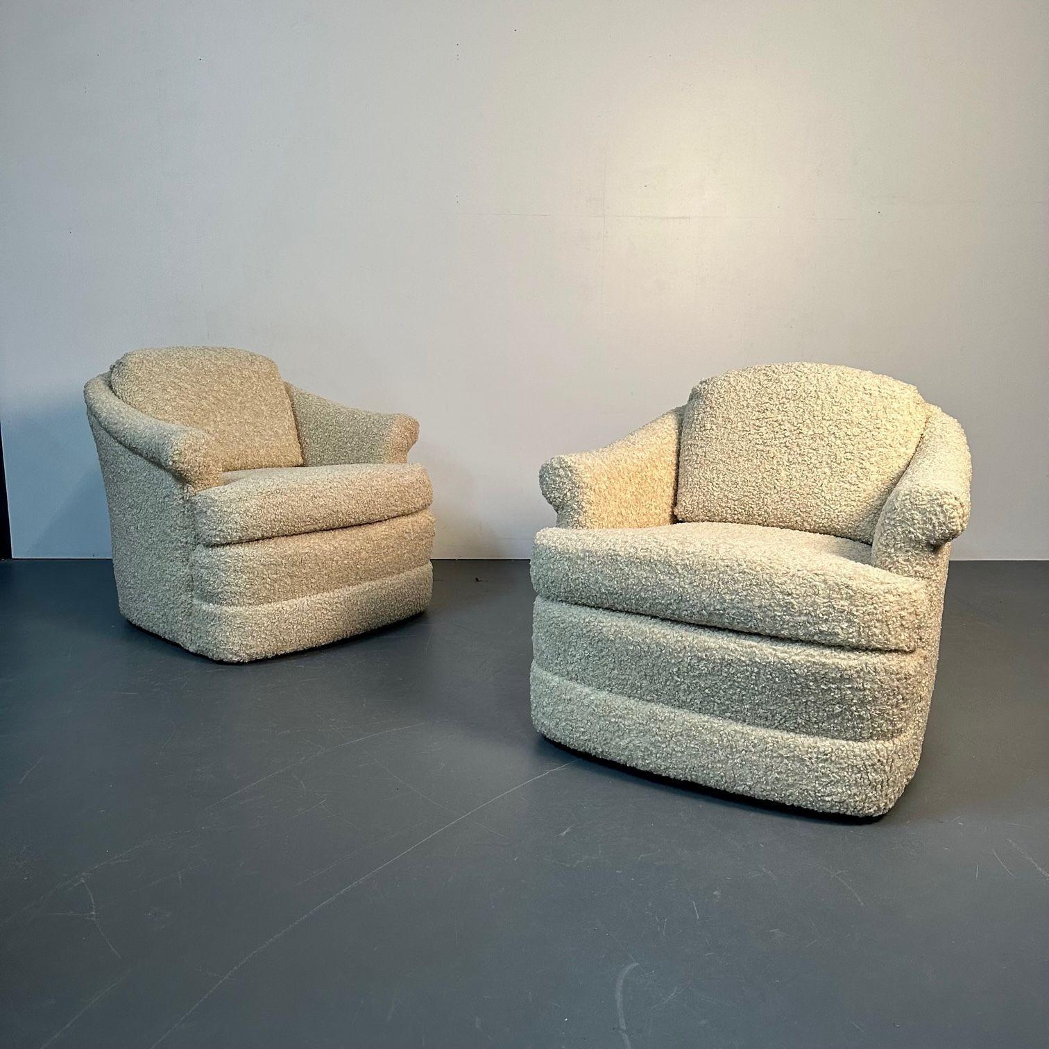Bouclé Pair of Mid-Century Modern Scroll Arm Traditional Lounge / Swivel Chairs, bouclé