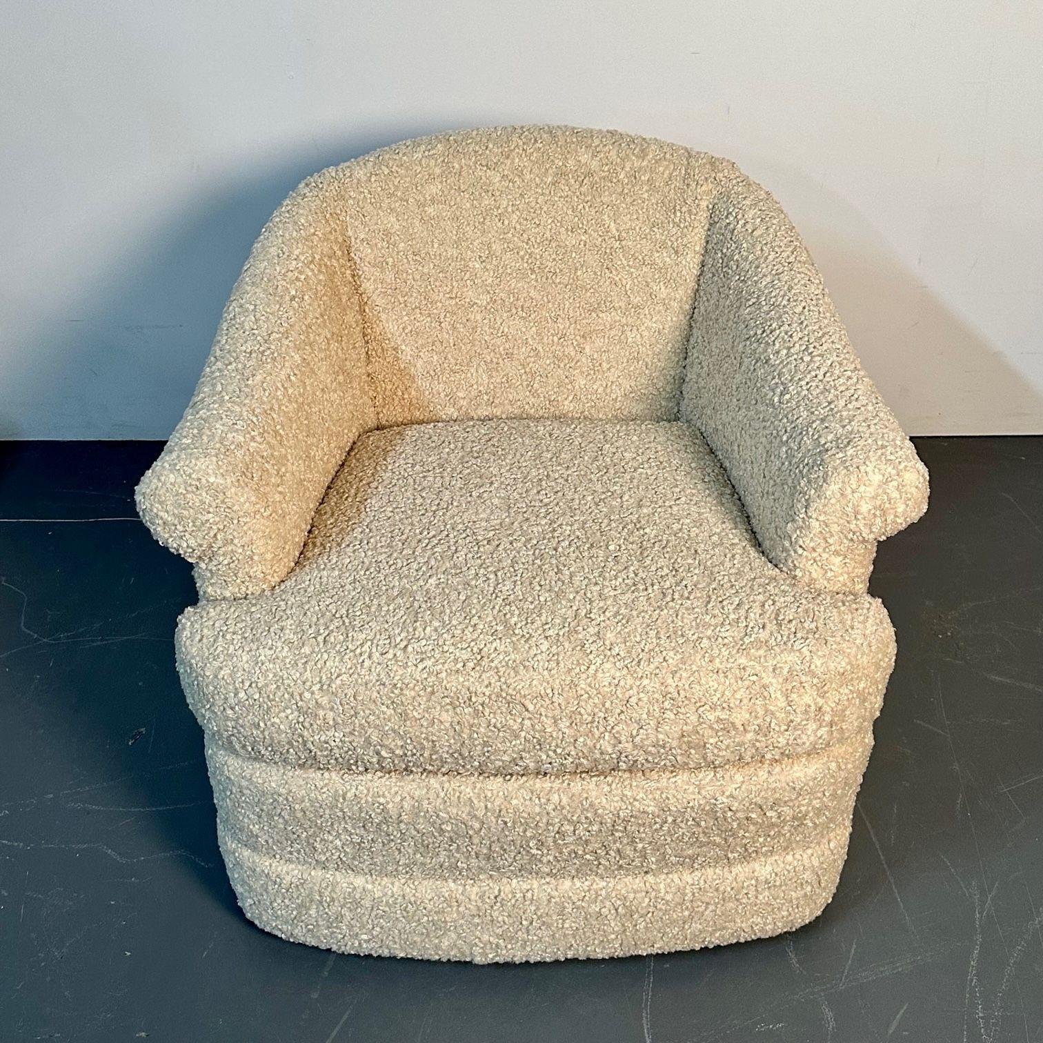 Pair of Mid-Century Modern Scroll Arm Traditional Lounge / Swivel Chairs, bouclé For Sale 1