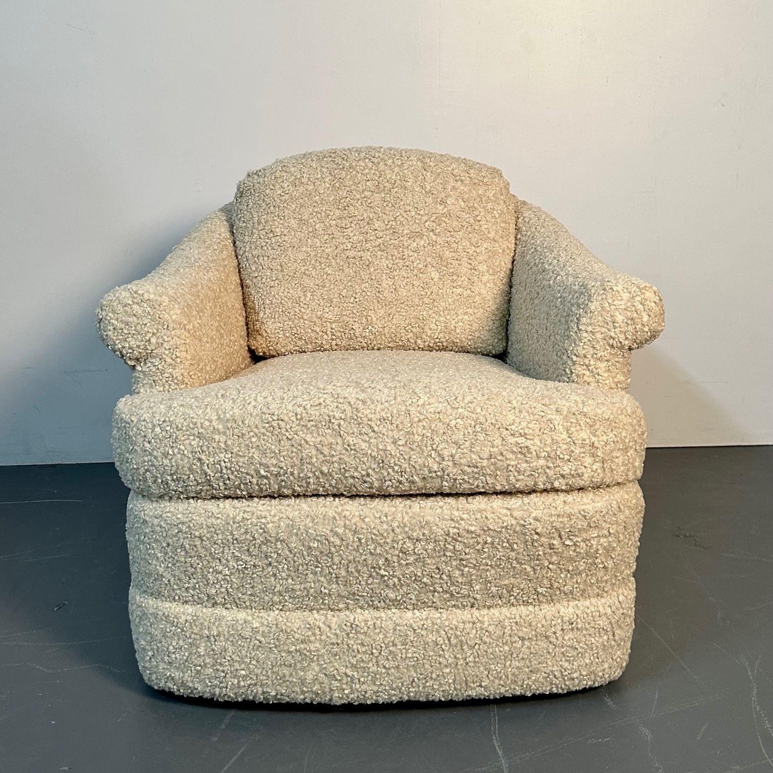 Pair of Mid-Century Modern Scroll Arm Traditional Lounge / Swivel Chairs, bouclé For Sale 3
