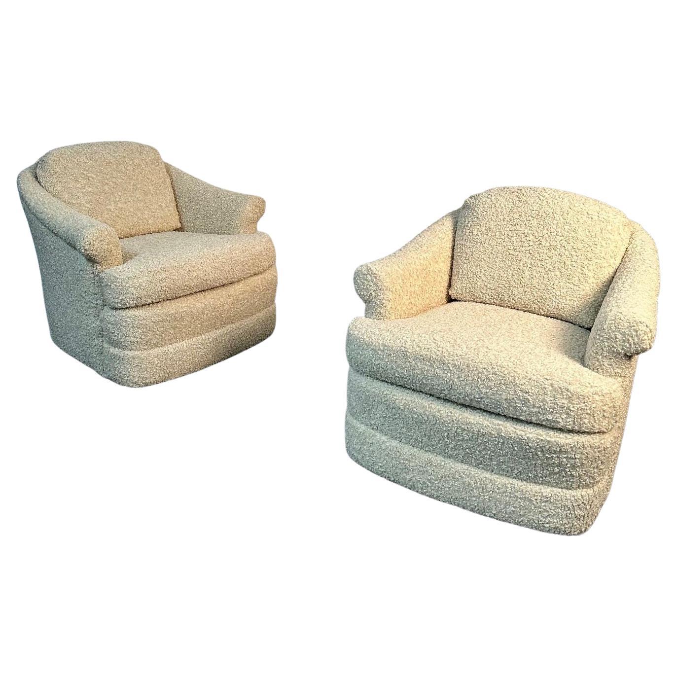 Pair of Mid-Century Modern Scroll Arm Traditional Lounge / Swivel Chairs, bouclé For Sale