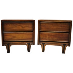 Pair of Mid-Century Modern Sculpted Walnut V-Leg Nightstands Bedside End Tables