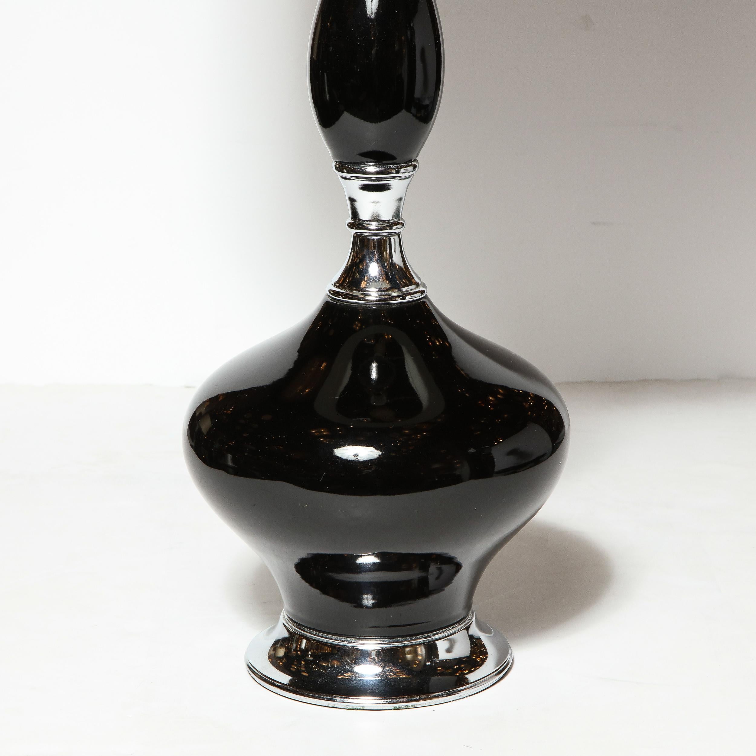 American Pair of Mid-Century Modern Sculptural Black Glazed Ceramic Lamps w/ Chrome Bases For Sale