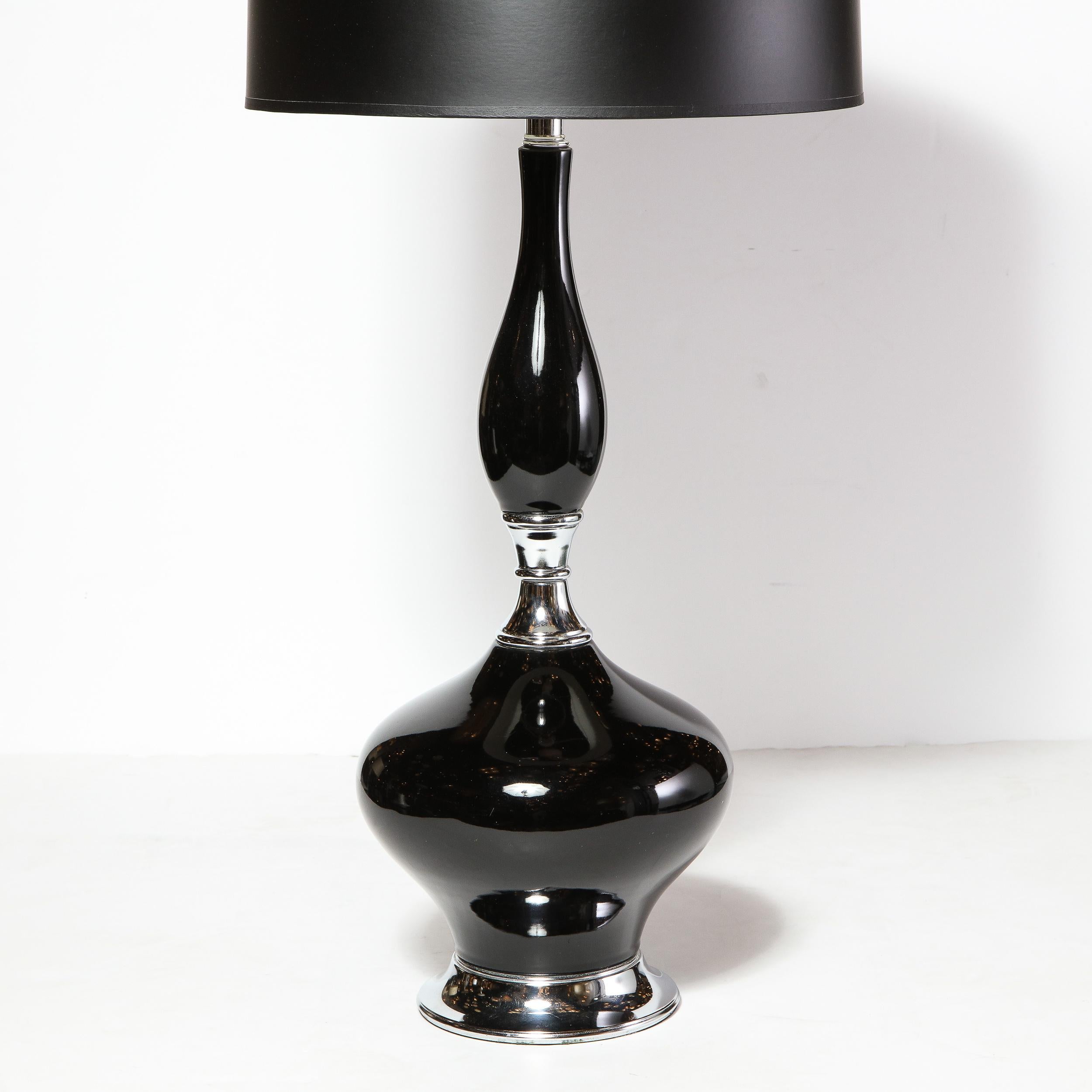 Mid-20th Century Pair of Mid-Century Modern Sculptural Black Glazed Ceramic Lamps w/ Chrome Bases For Sale
