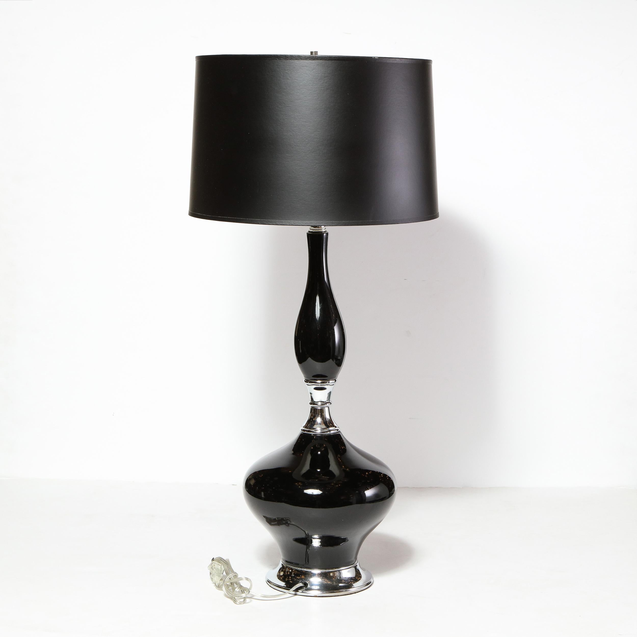 Pair of Mid-Century Modern Sculptural Black Glazed Ceramic Lamps w/ Chrome Bases For Sale 1