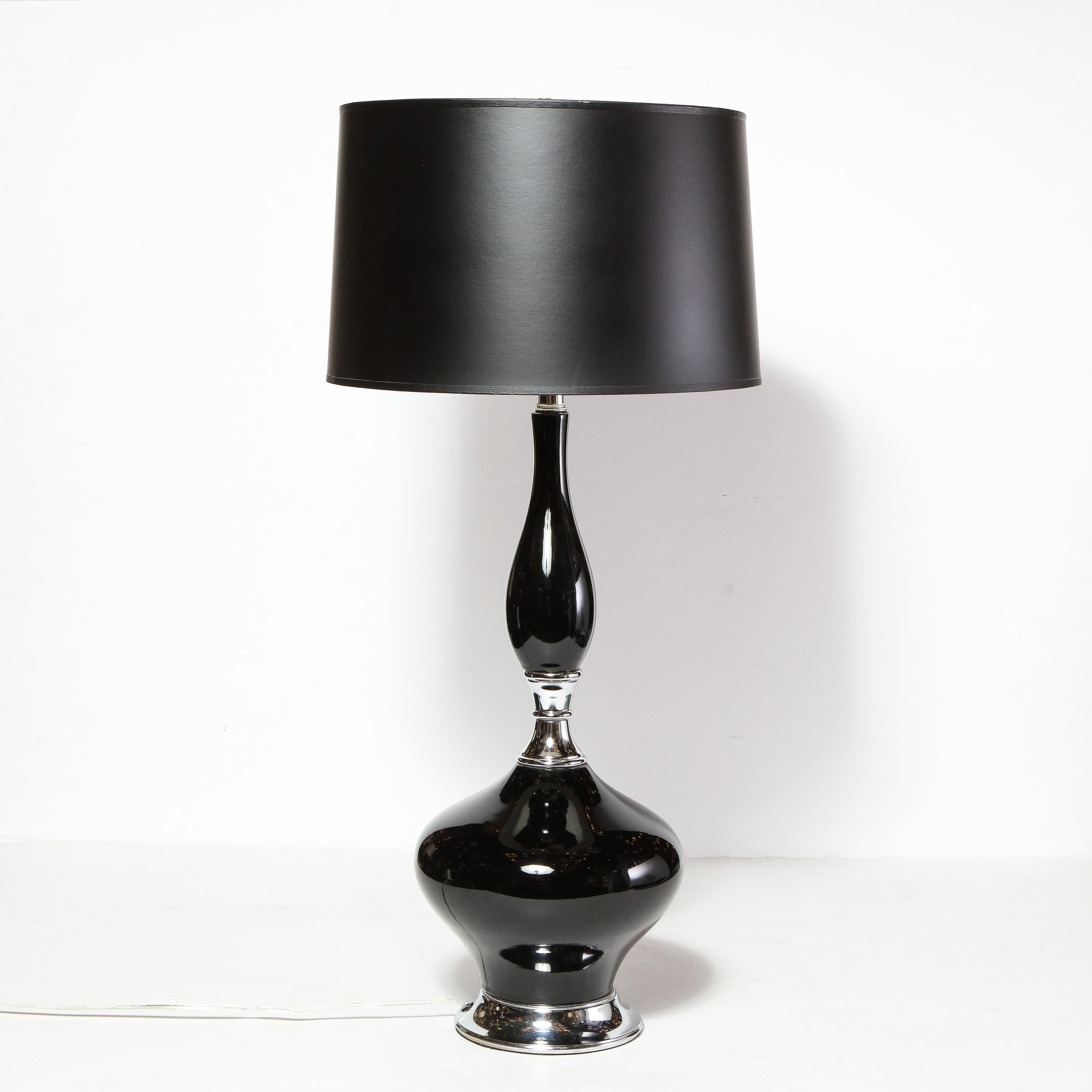 Pair of Mid-Century Modern Sculptural Black Glazed Ceramic Lamps w/ Chrome Bases For Sale 2