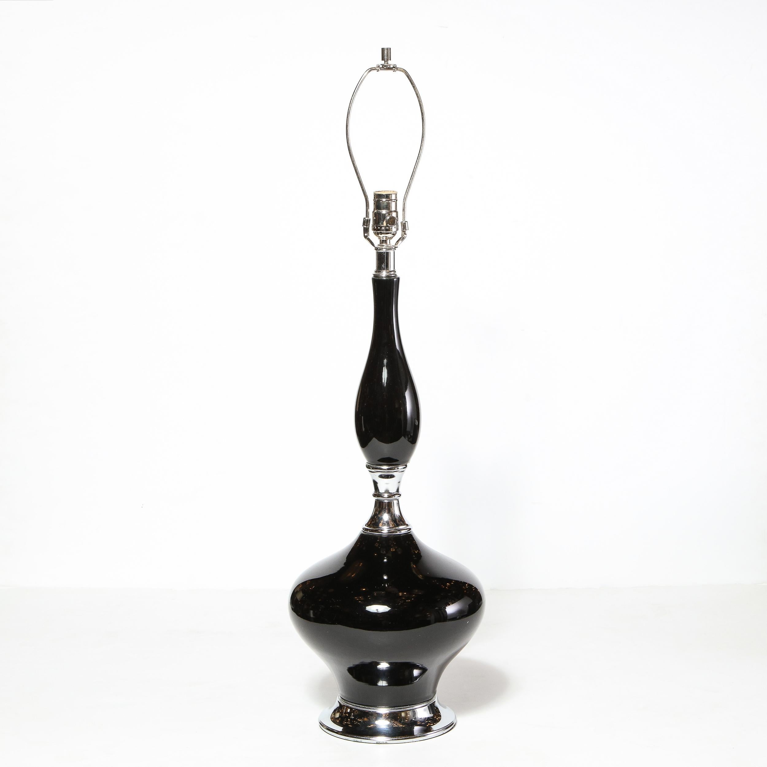Pair of Mid-Century Modern Sculptural Black Glazed Ceramic Lamps w/ Chrome Bases For Sale 3