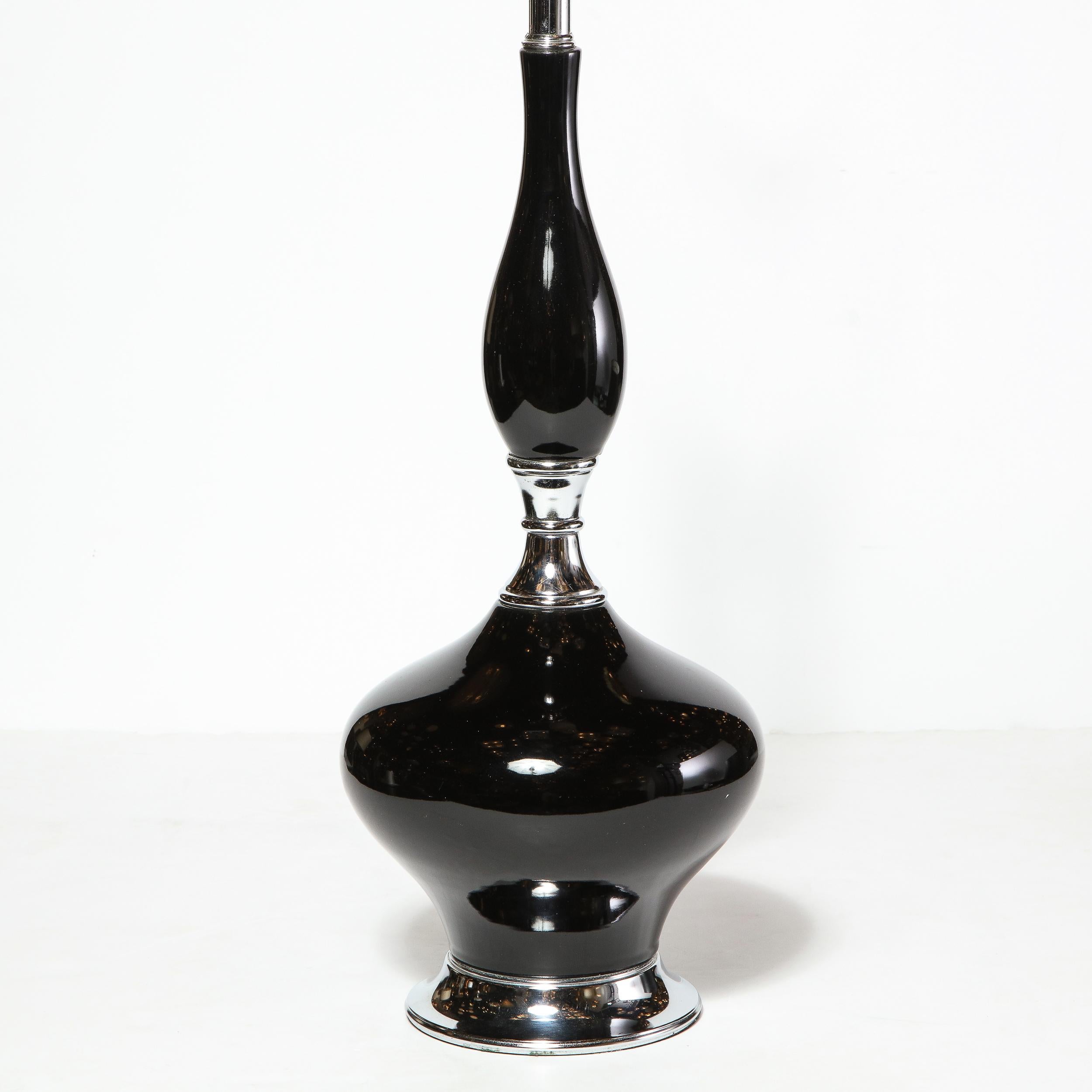Pair of Mid-Century Modern Sculptural Black Glazed Ceramic Lamps w/ Chrome Bases For Sale 4