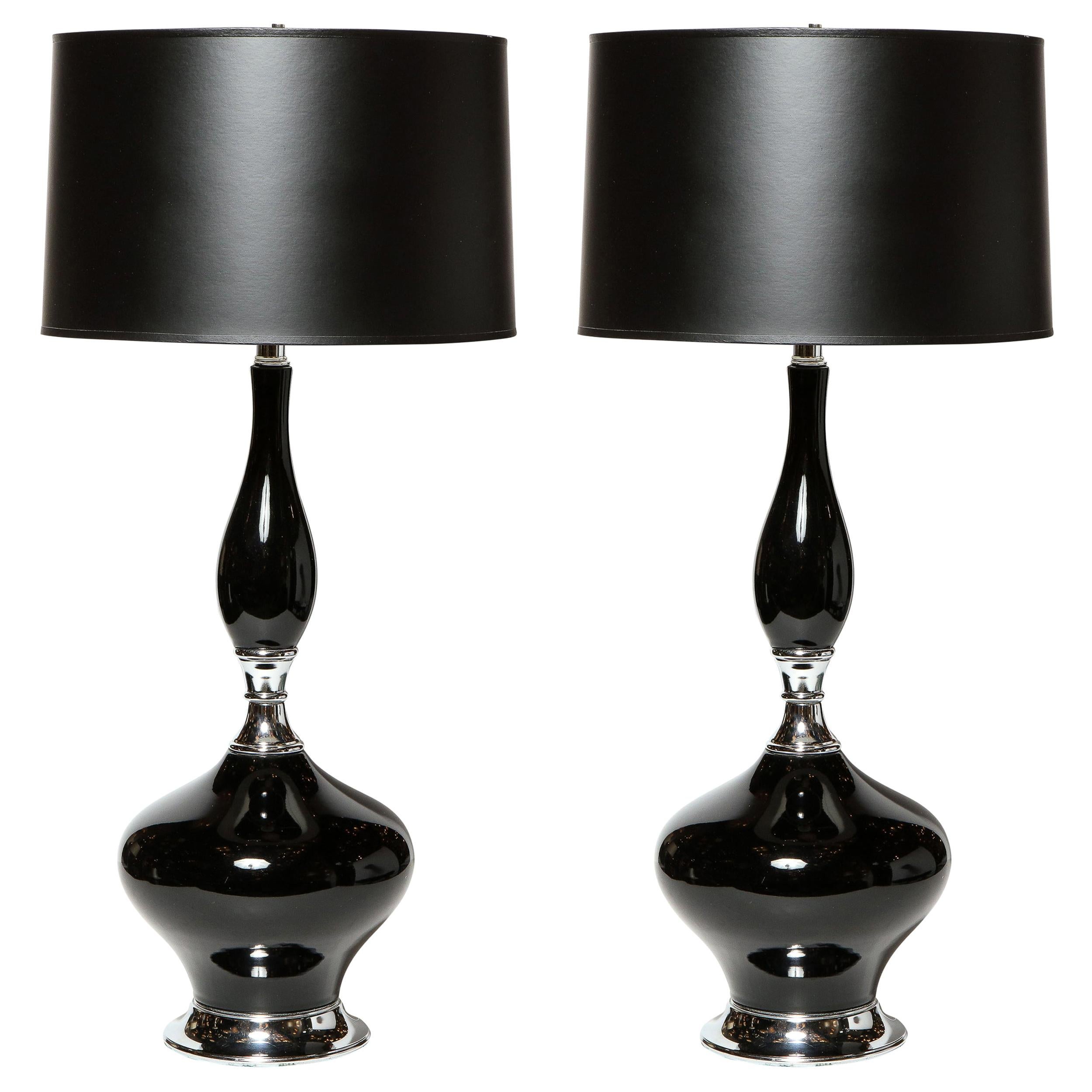 Pair of Mid-Century Modern Sculptural Black Glazed Ceramic Lamps w/ Chrome Bases For Sale