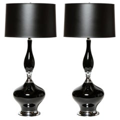 Pair of Mid-Century Modern Sculptural Black Glazed Ceramic Lamps w/ Chrome Bases