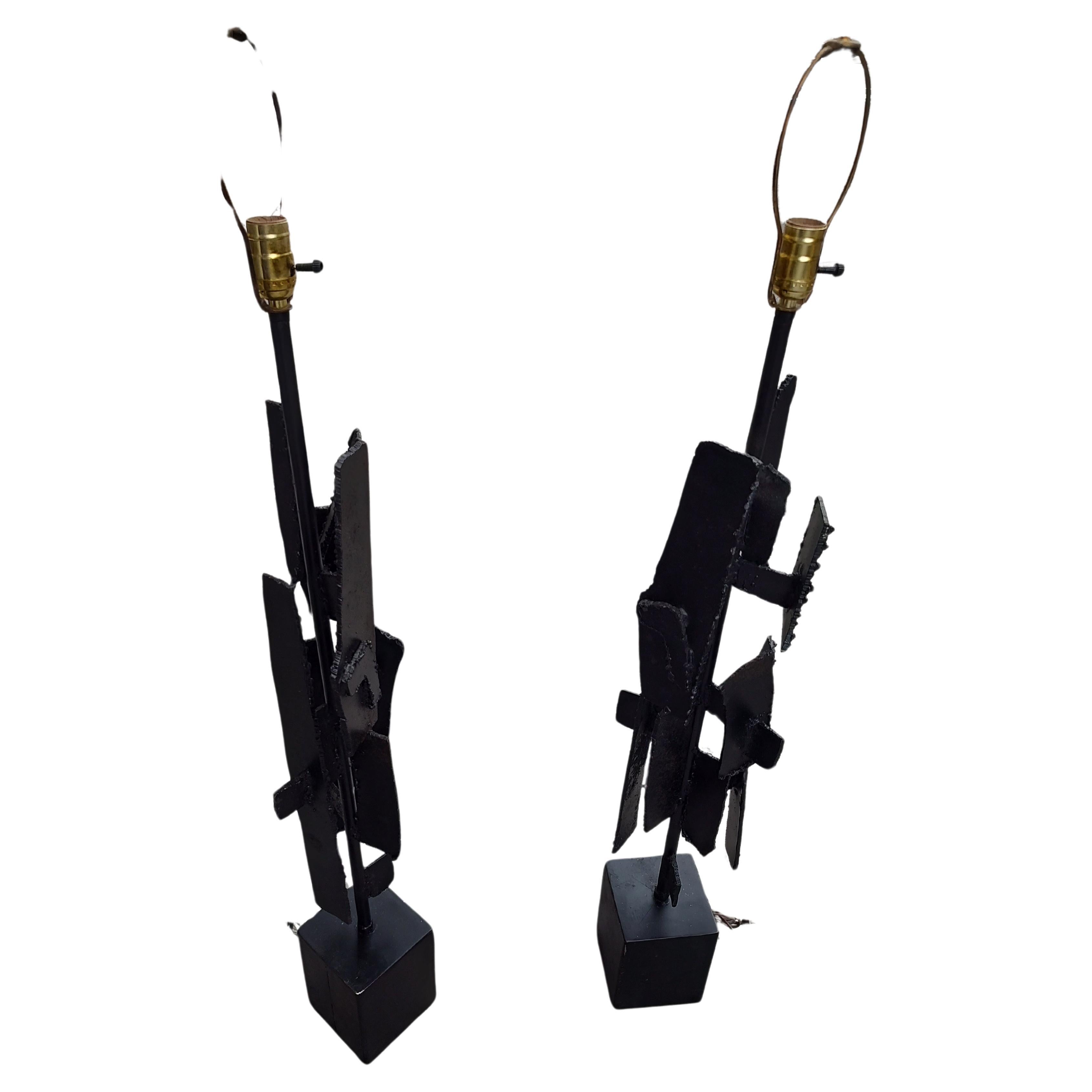Pair of Mid Century Modern Sculptural Brutalist Torch Cut Steel Table Lamps For Sale 2