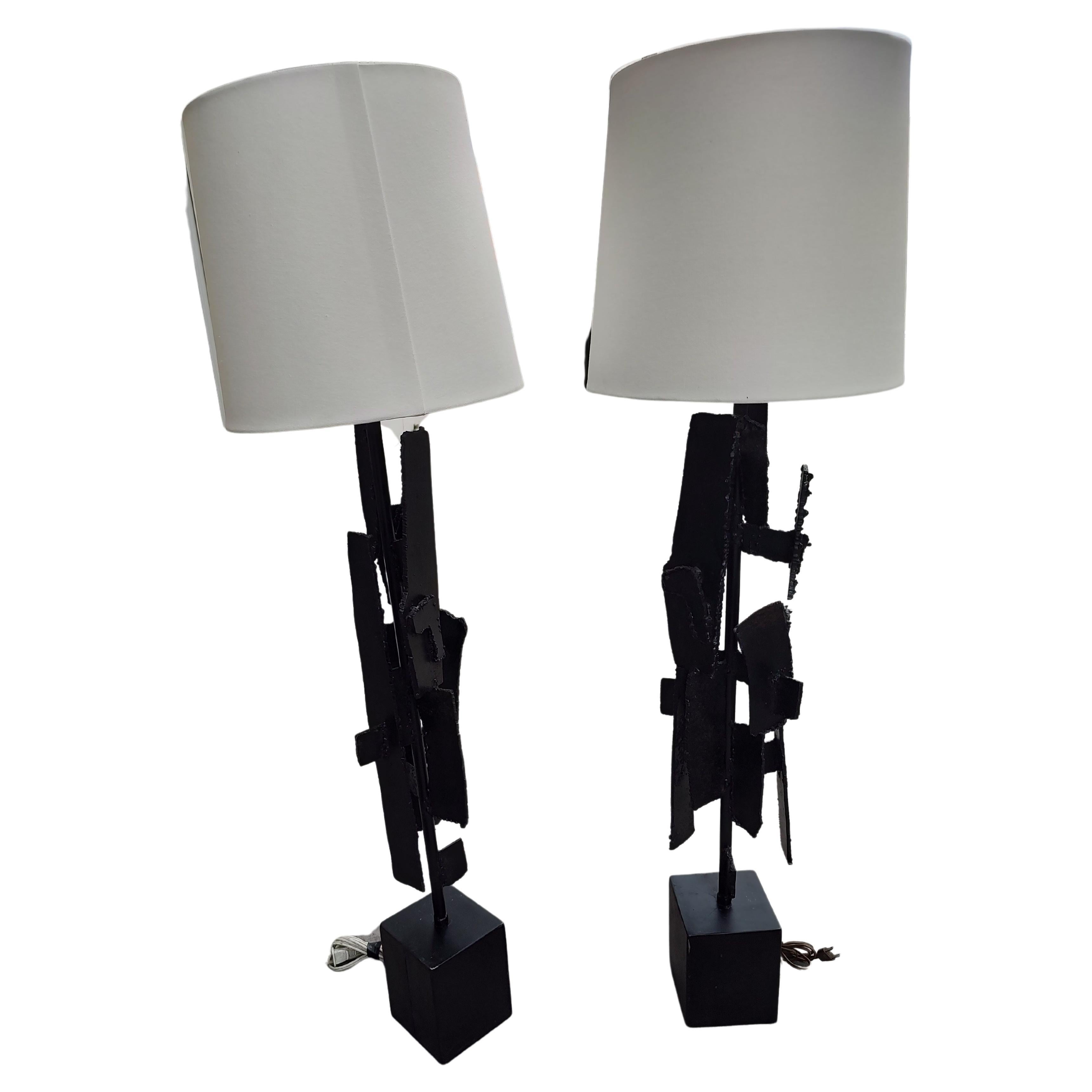 Pair of Mid Century Modern Sculptural Brutalist Torch Cut Steel Table Lamps 