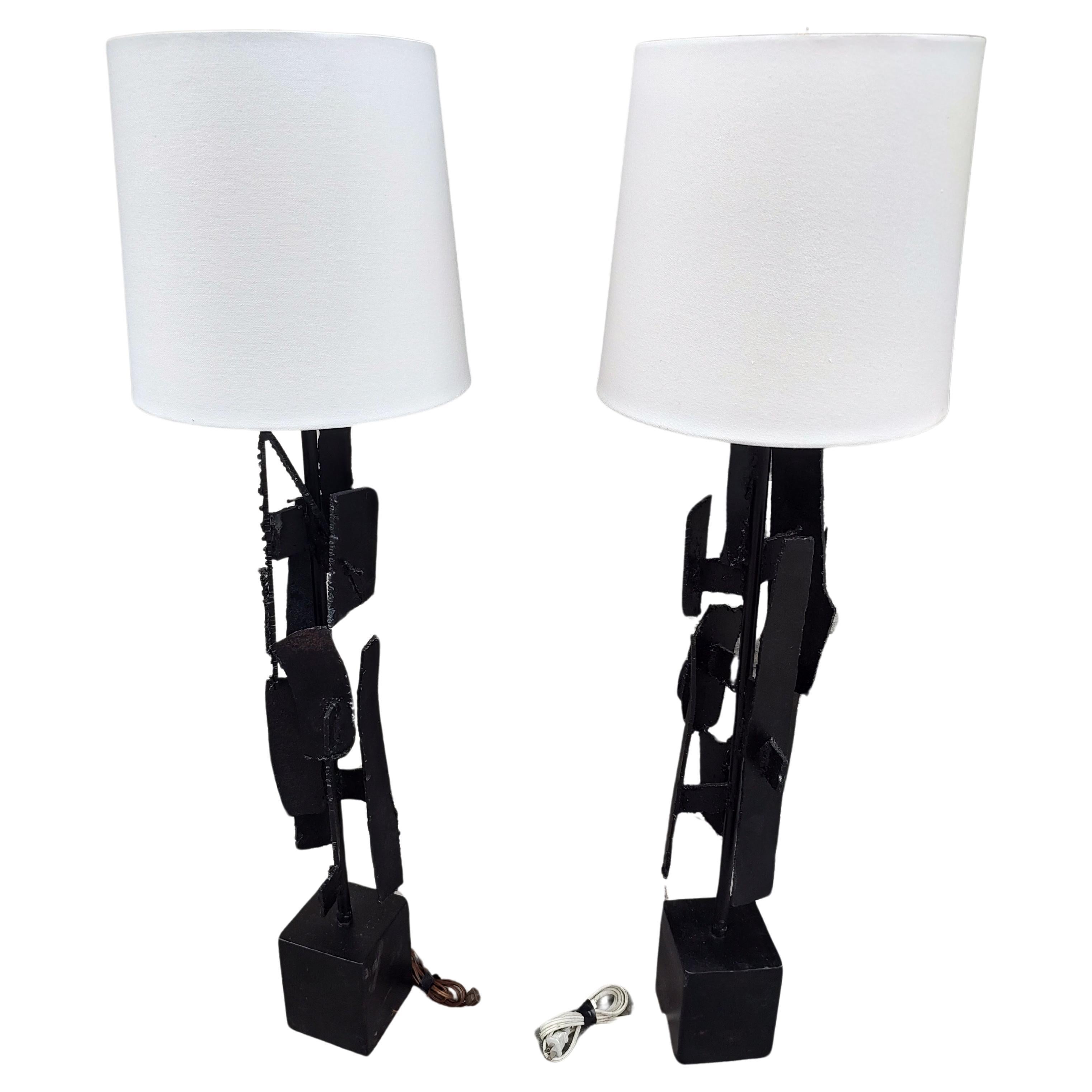 Pair of Mid Century Modern Sculptural Brutalist Torch Cut Steel Table Lamps