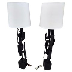Pair of Mid Century Modern Sculptural Brutalist Torch Cut Steel Table Lamps