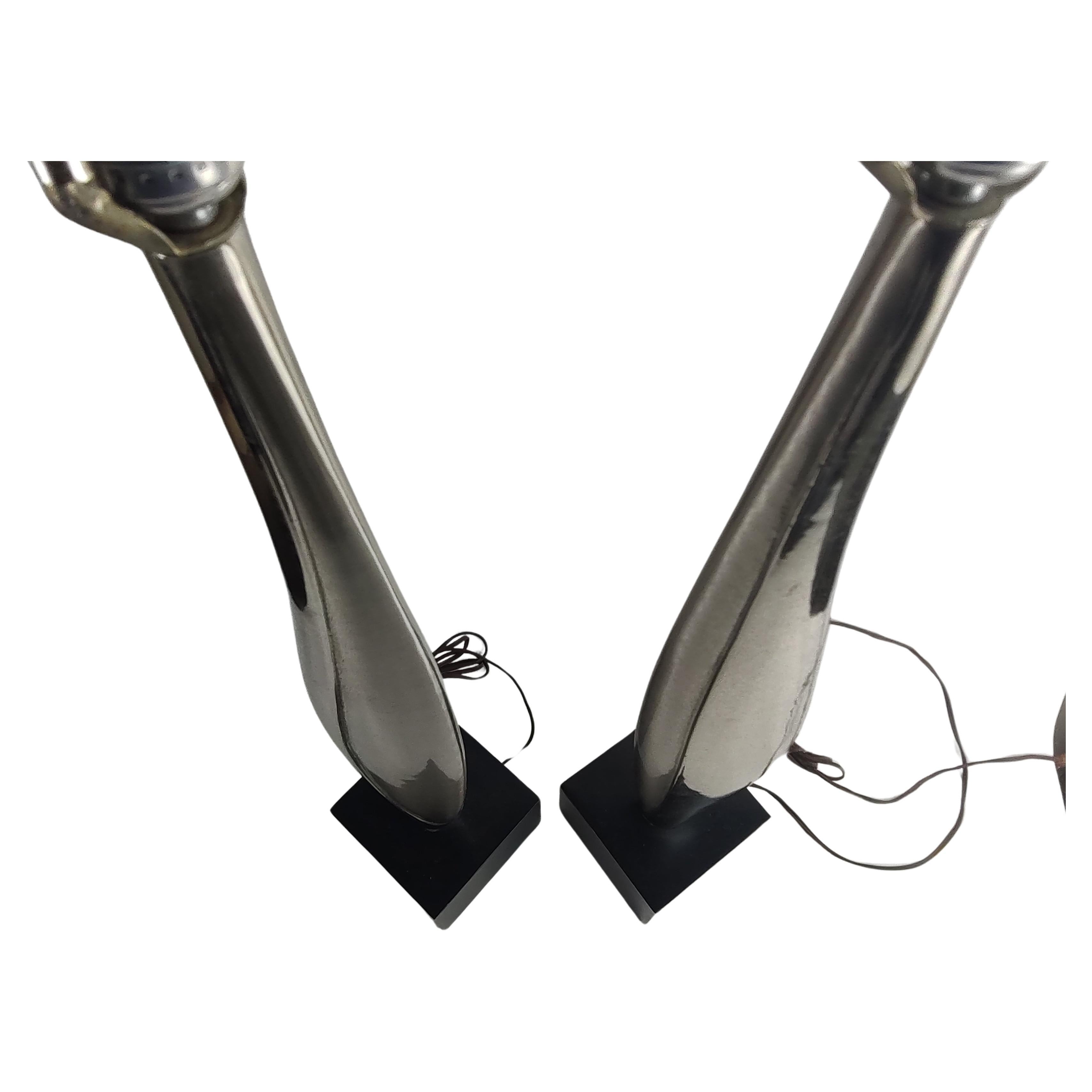 Brutalist Pair Mid Century Modern Sculptural Chrome w Black Plinth Bases Laurel Lamp Co. For Sale