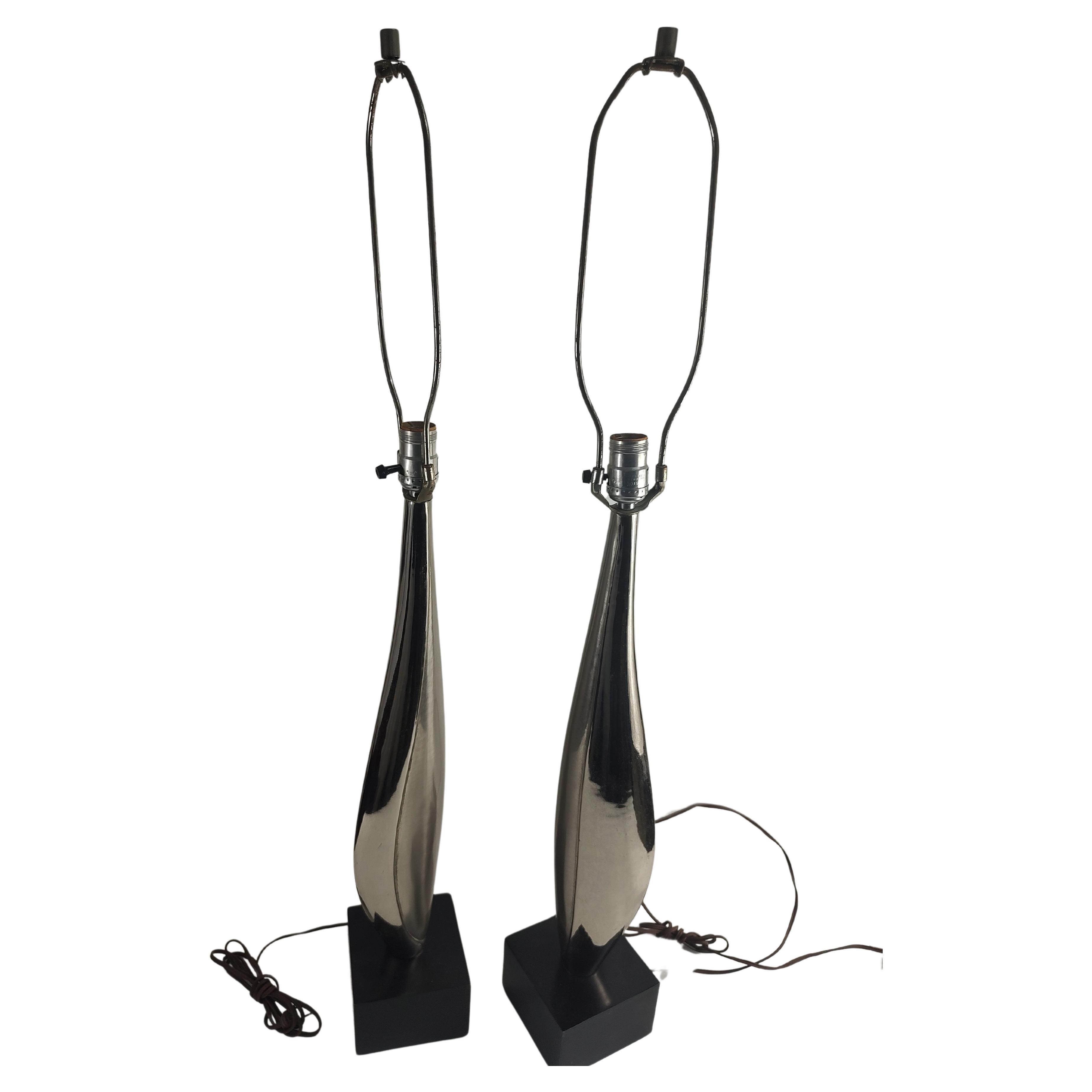 American Pair Mid Century Modern Sculptural Chrome w Black Plinth Bases Laurel Lamp Co. For Sale