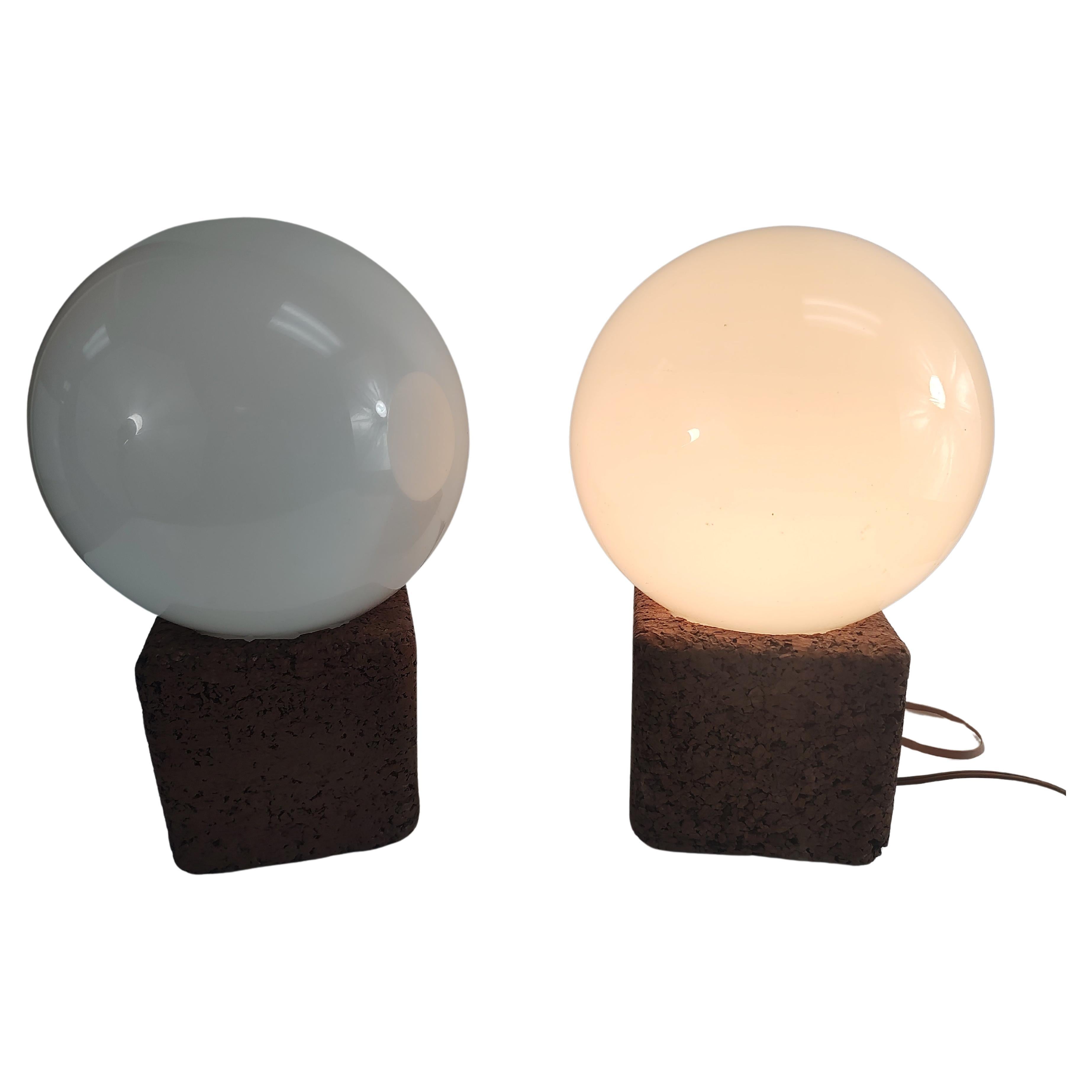 Pair of Mid Century Modern Sculptural Cork Table Lamps with Glass Ball Shades