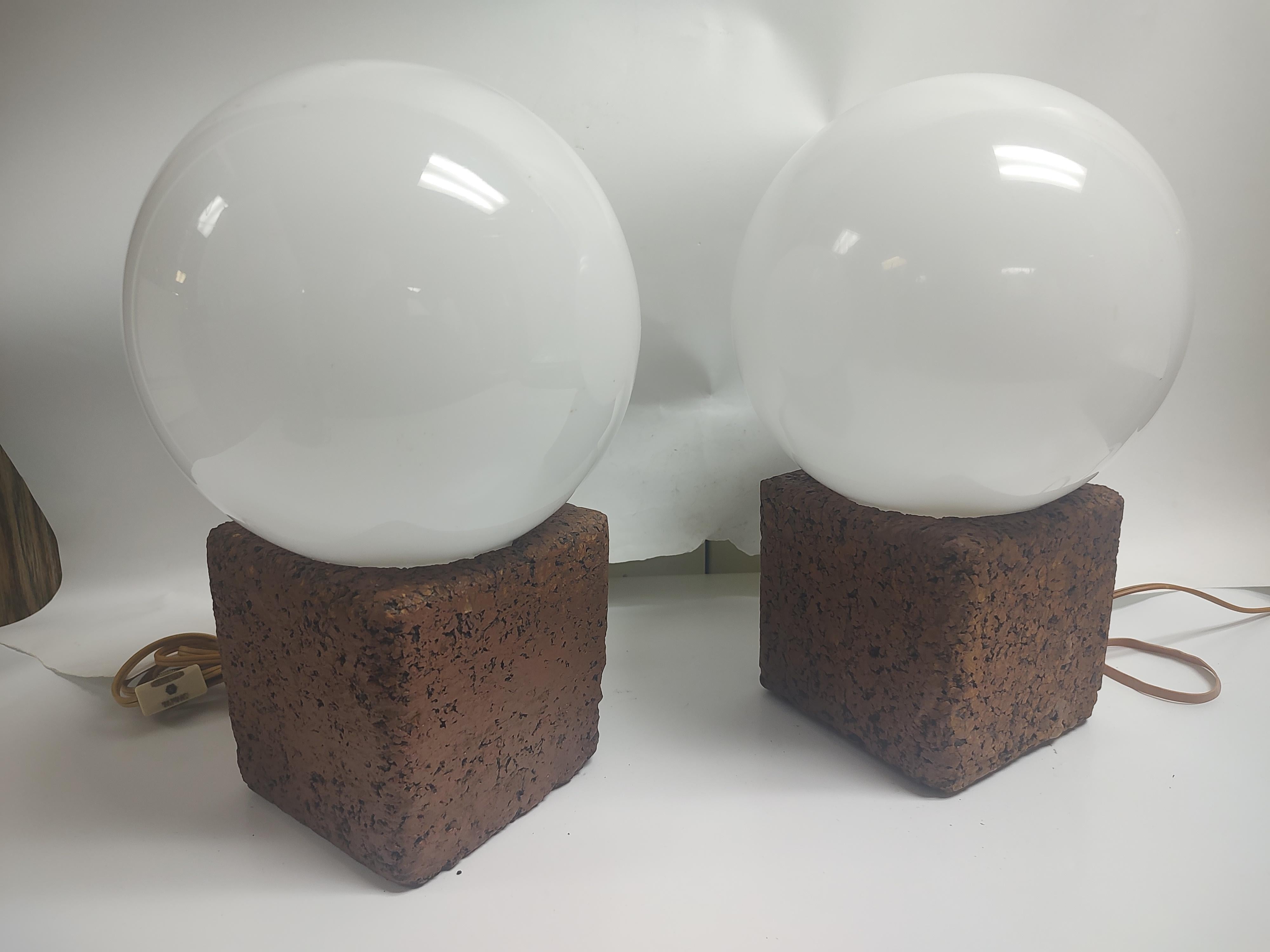 American Pair of Mid Century Modern Sculptural Cork Table Lamps with Glass Shades For Sale