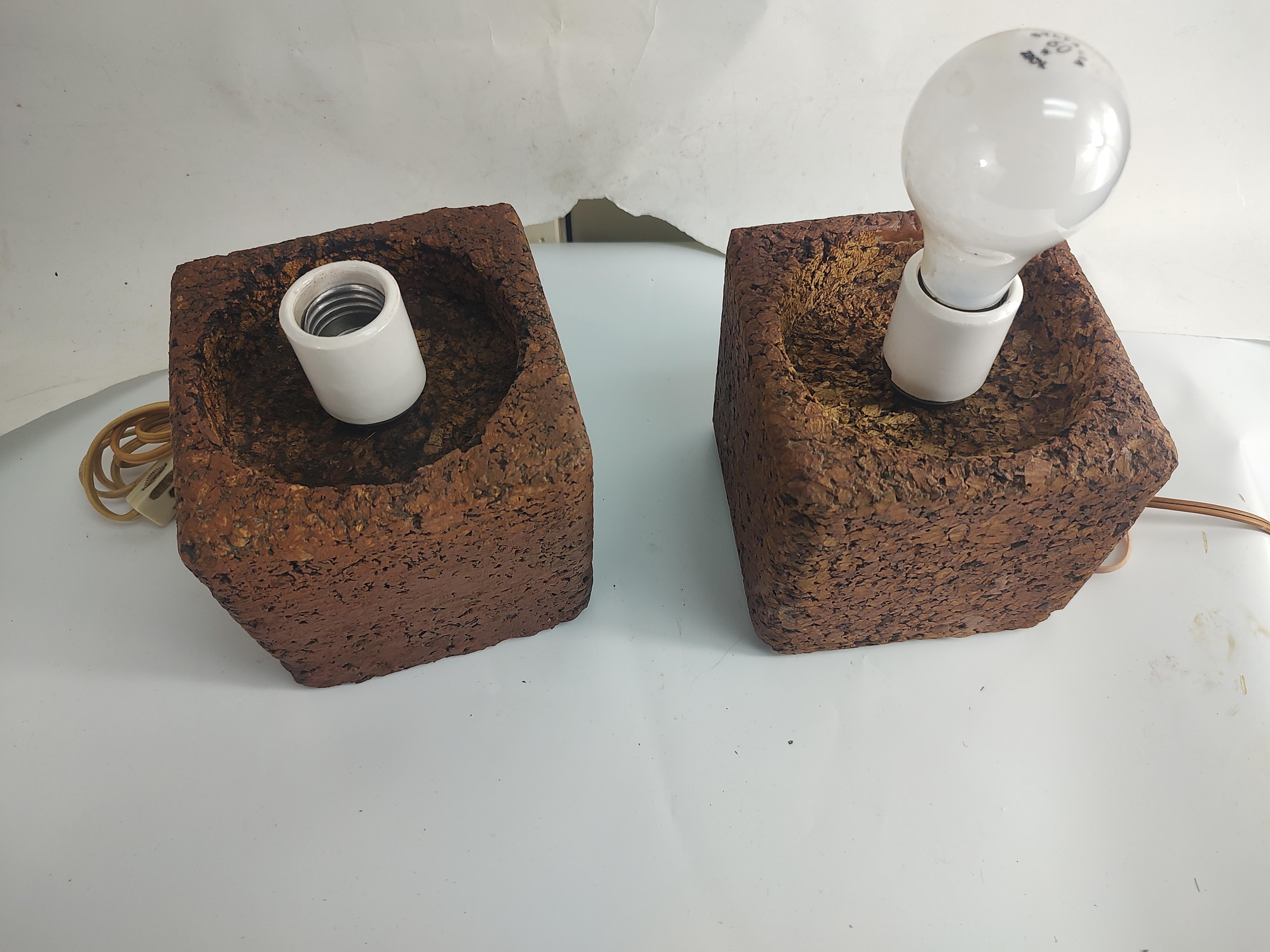 Pair of Mid Century Modern Sculptural Cork Table Lamps with Glass Shades In Good Condition For Sale In Port Jervis, NY