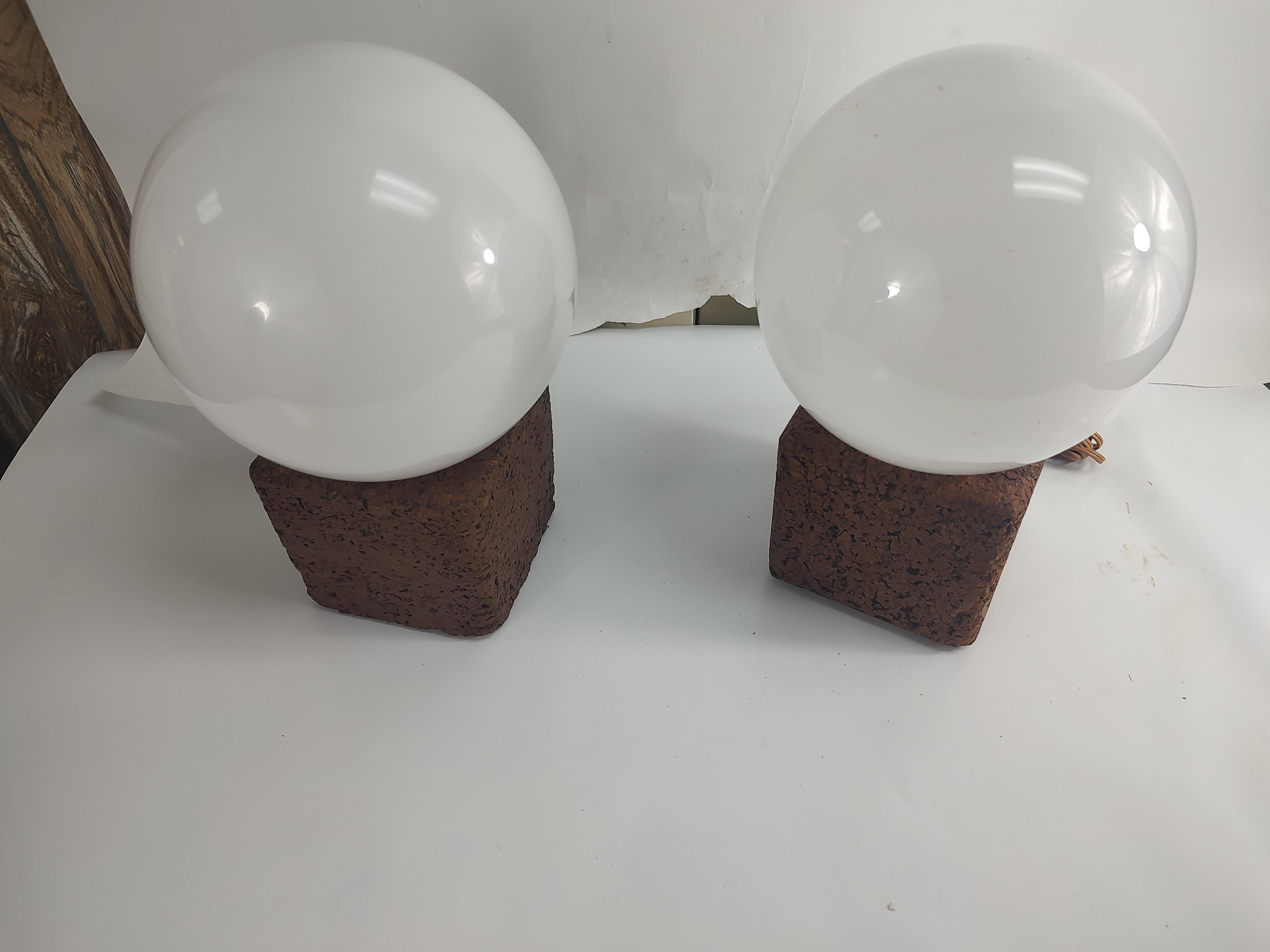 Milk Glass Pair of Mid Century Modern Sculptural Cork Table Lamps with Glass Shades For Sale