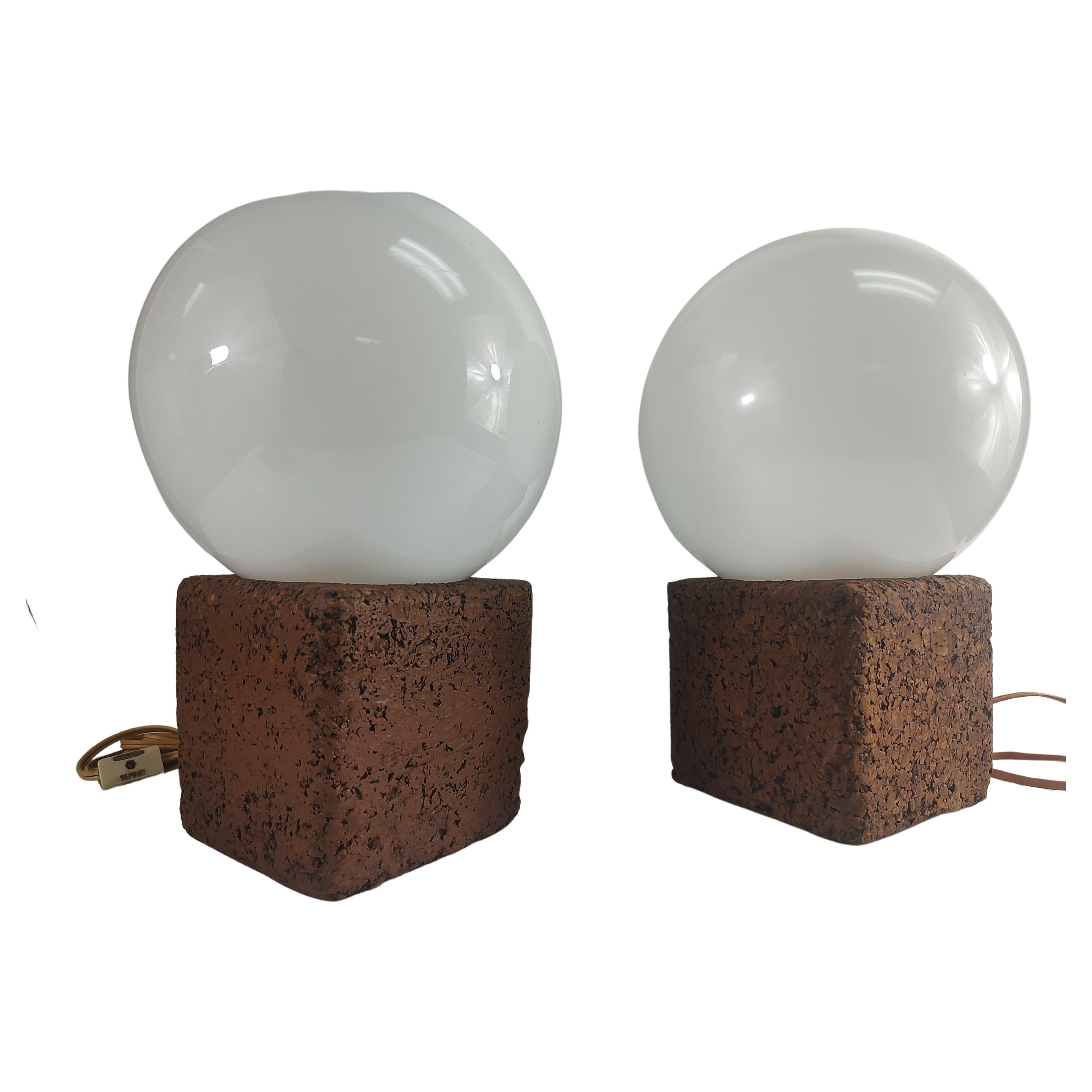 Mid-Century Modern Pair of Mid Century Modern Sculptural Cork Table Lamps with Glass Shades For Sale