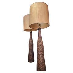 Pair of Mid-Century Modern Walnut & Cork Tall Table Lamps Rewired w Shades