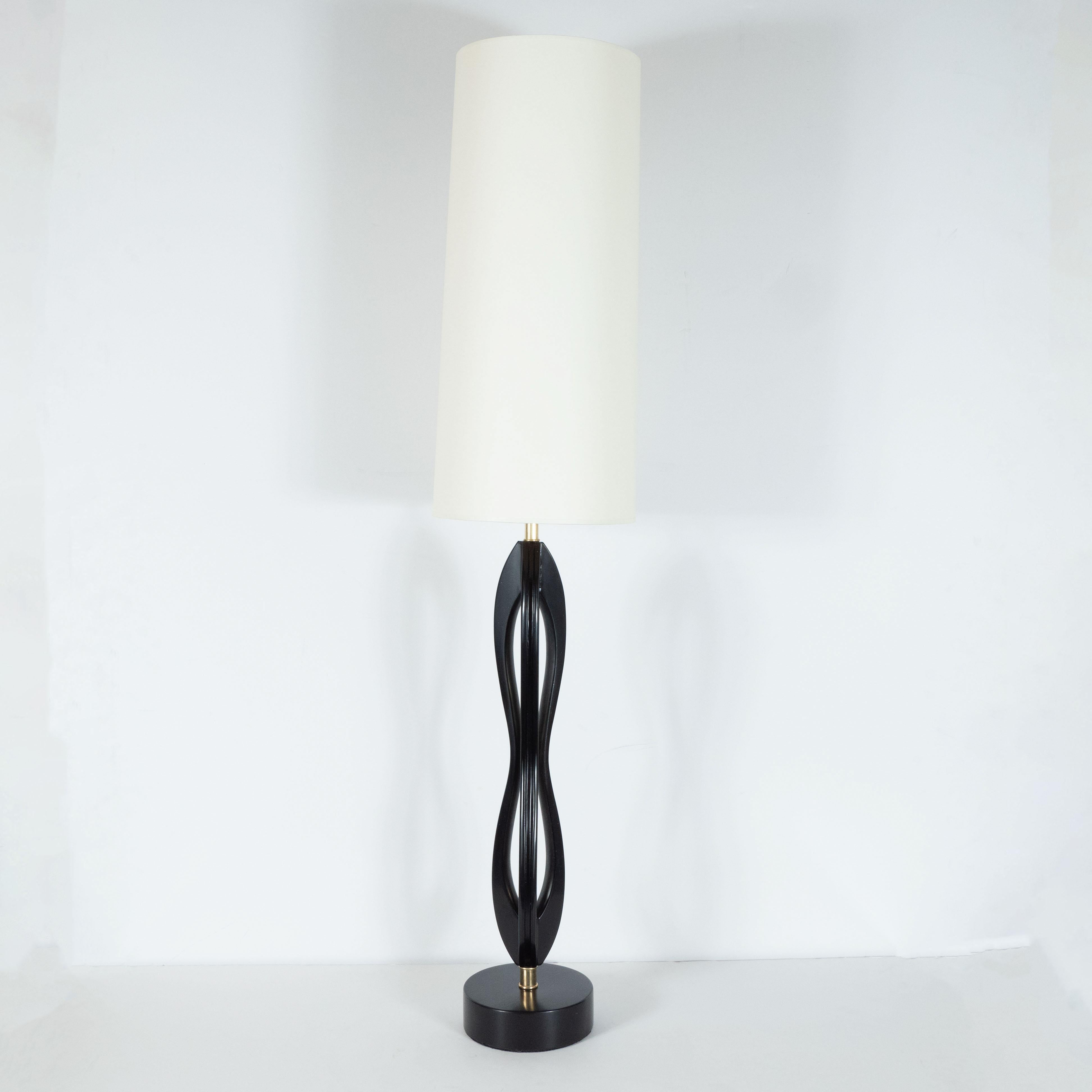 American Pair of Mid-Century Modern Sculptural Ebonized Walnut and Brass Table Lamps