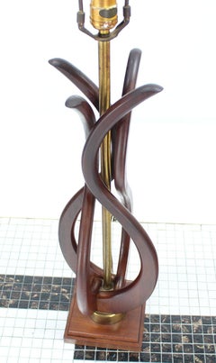 Pair of Mid Century Modern Sculptural Flame Motive Oiled Walnut Table Lamps MINT