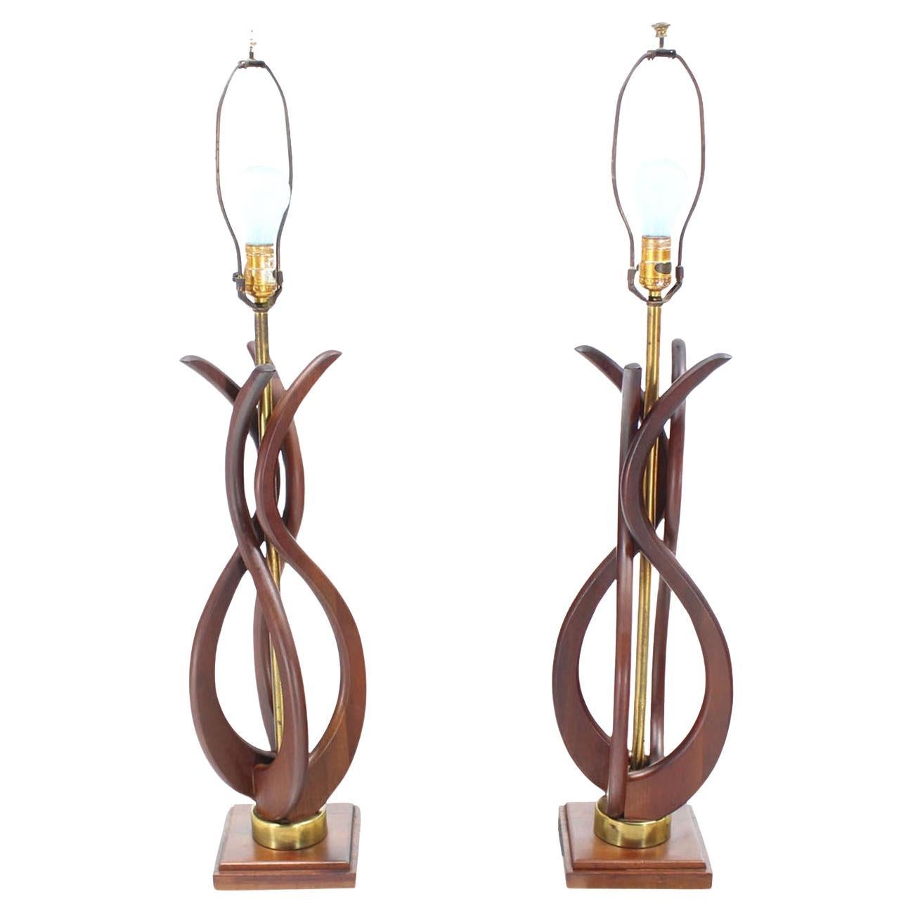 Pair of Mid Century Modern Sculptural Flame Motive Oiled Walnut Table Lamps MINT For Sale