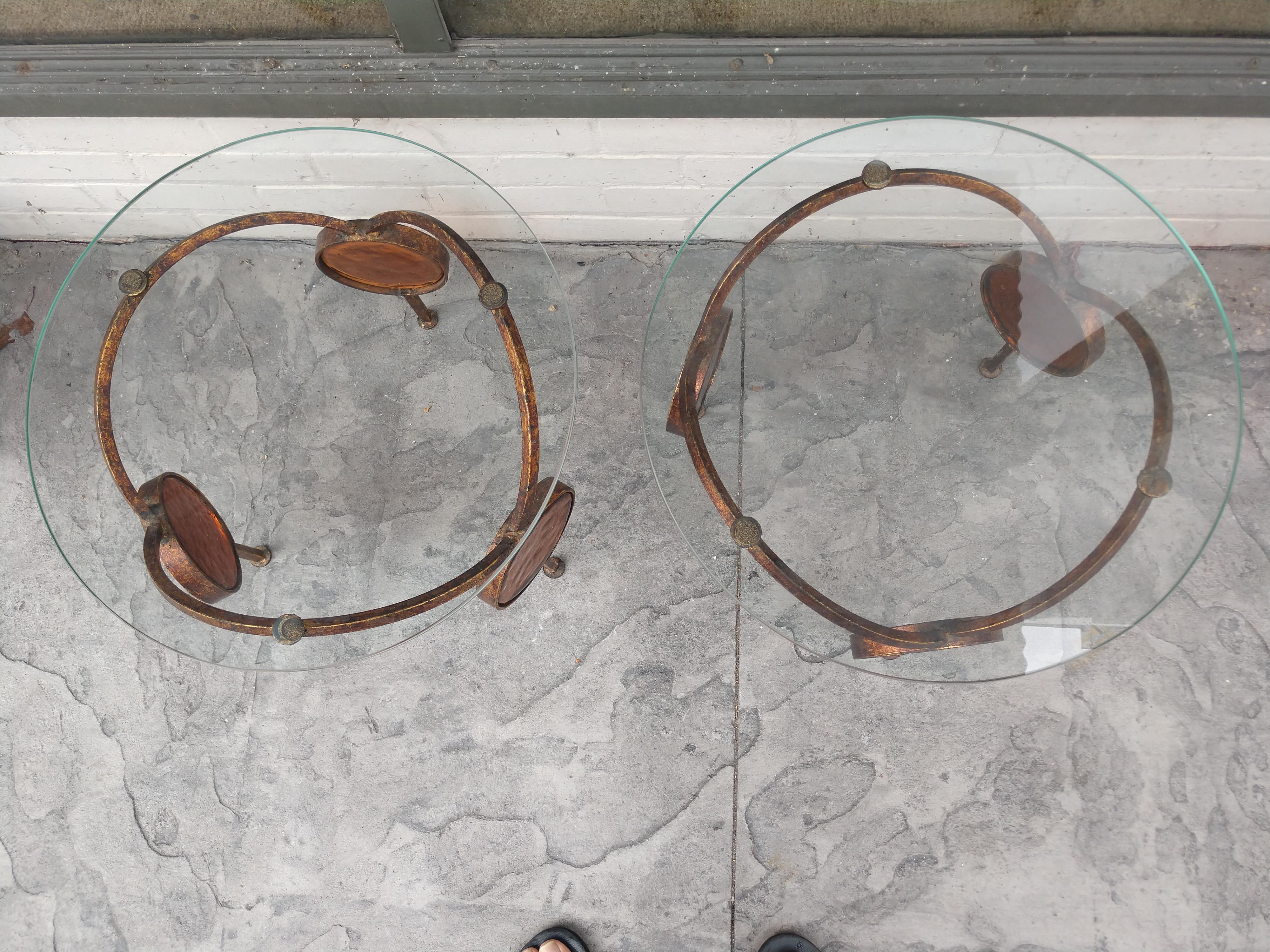 Mid-20th Century Pair Mid Century Modern Sculptural Gilt Iron End Tables with Amber Glass Discs For Sale