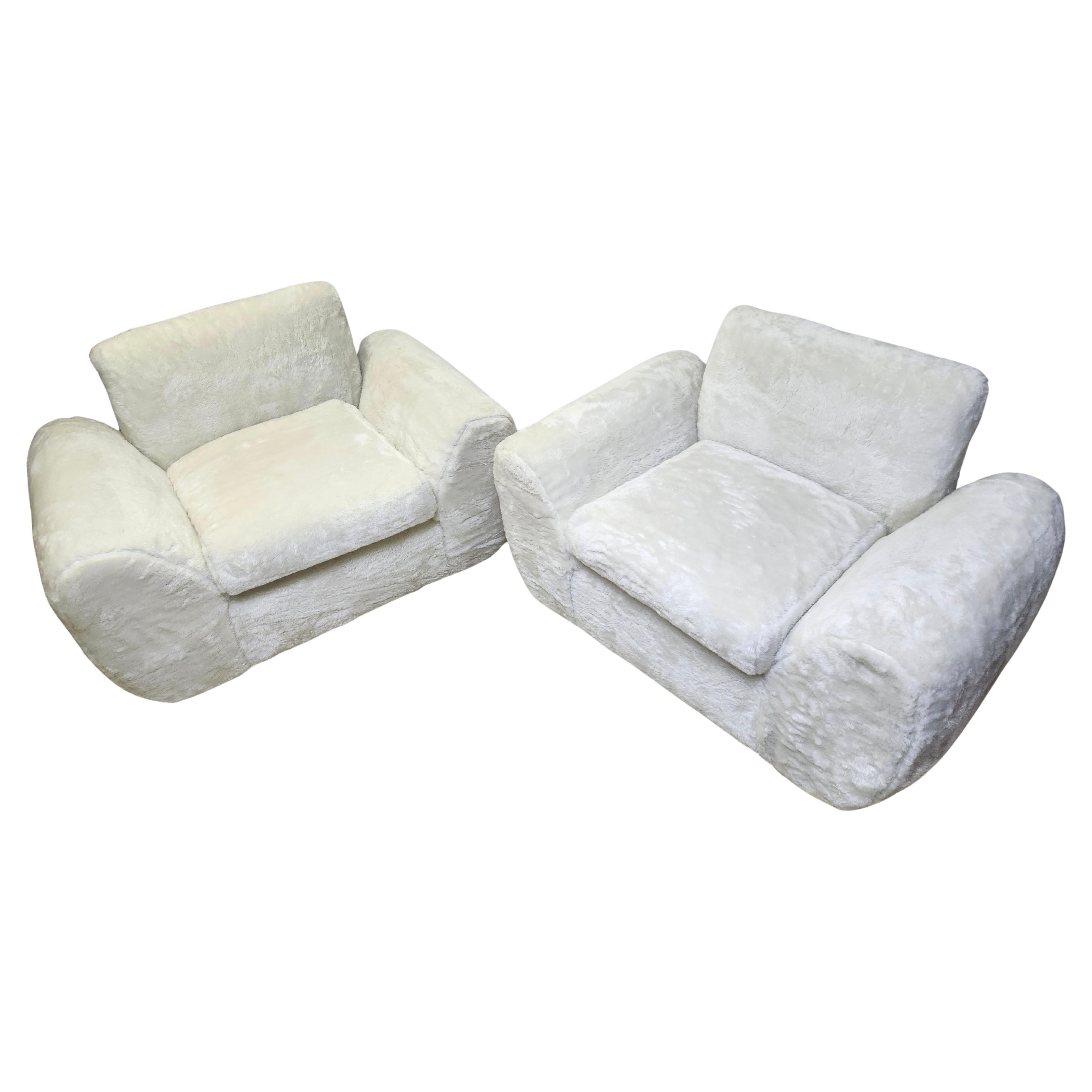 Pair of Mid Century Modern Sculptural Lounge Chairs with a Thick Deep Faux Fur For Sale