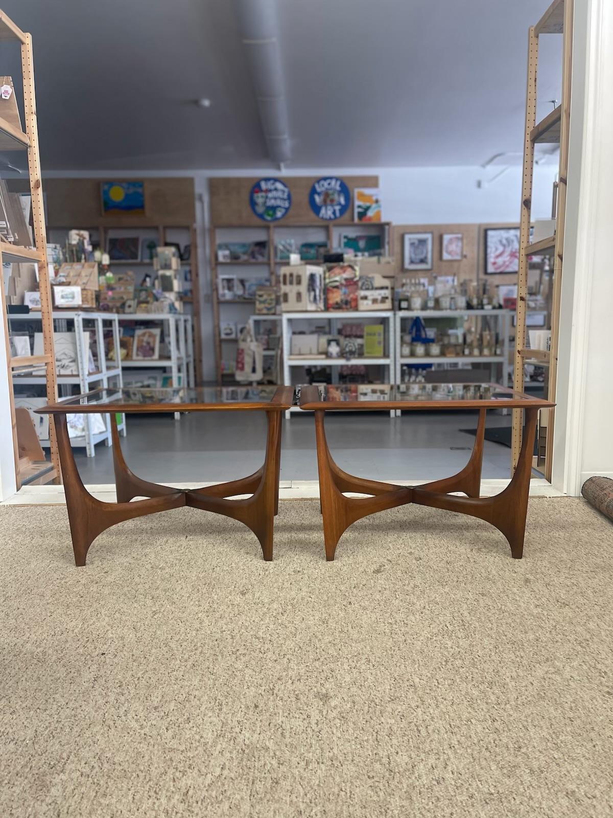 Pair of Mid-Century Modern Sculptural Possibly Walnut and Glass End Tables. In Good Condition For Sale In Seattle, WA